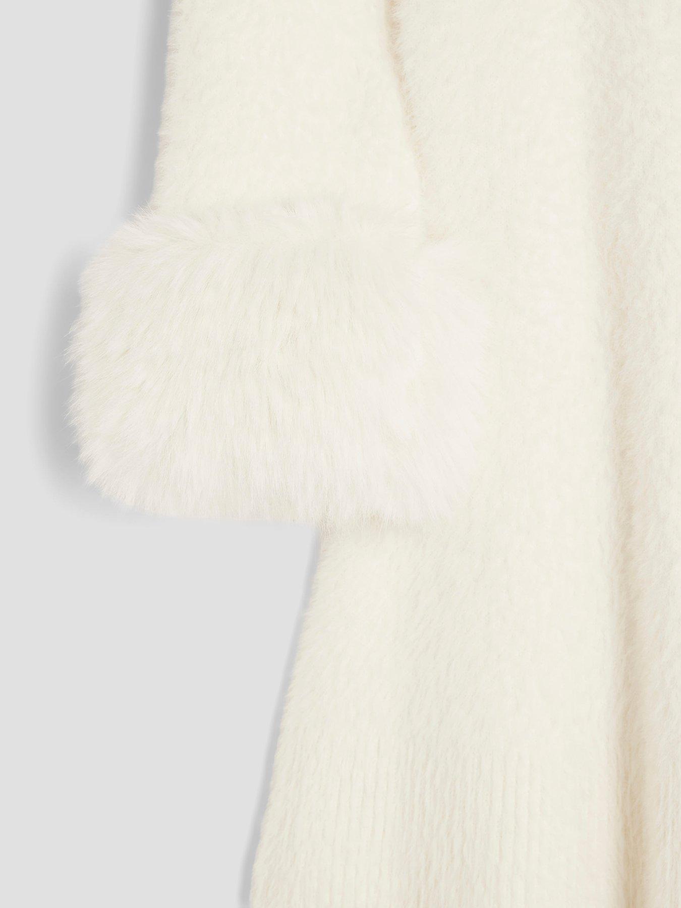 Image 3 of 4 of River Island Older Girls Fur Cuff Sequin Bow Skater Dress - Cream