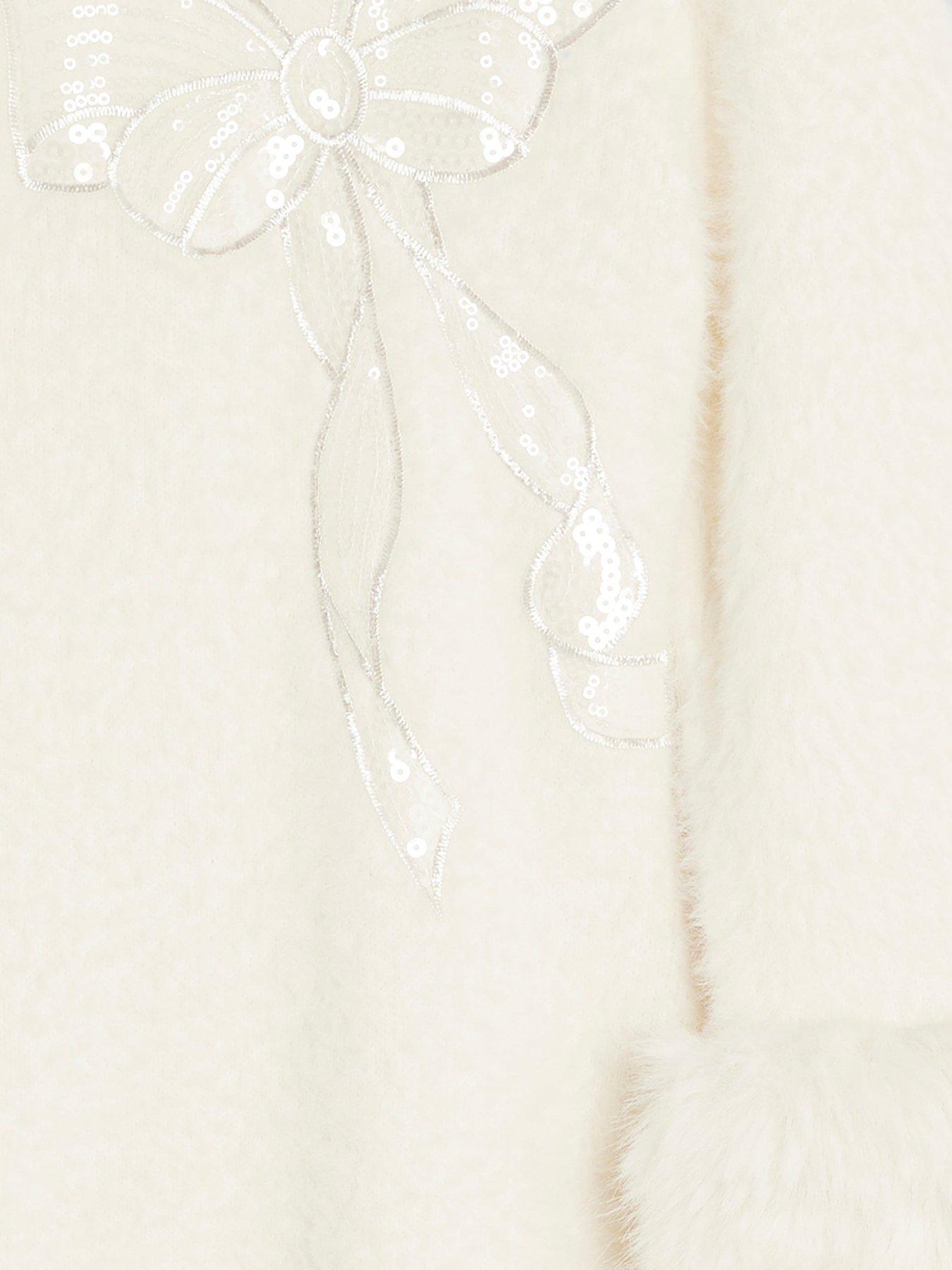 Image 4 of 4 of River Island Older Girls Fur Cuff Sequin Bow Skater Dress - Cream