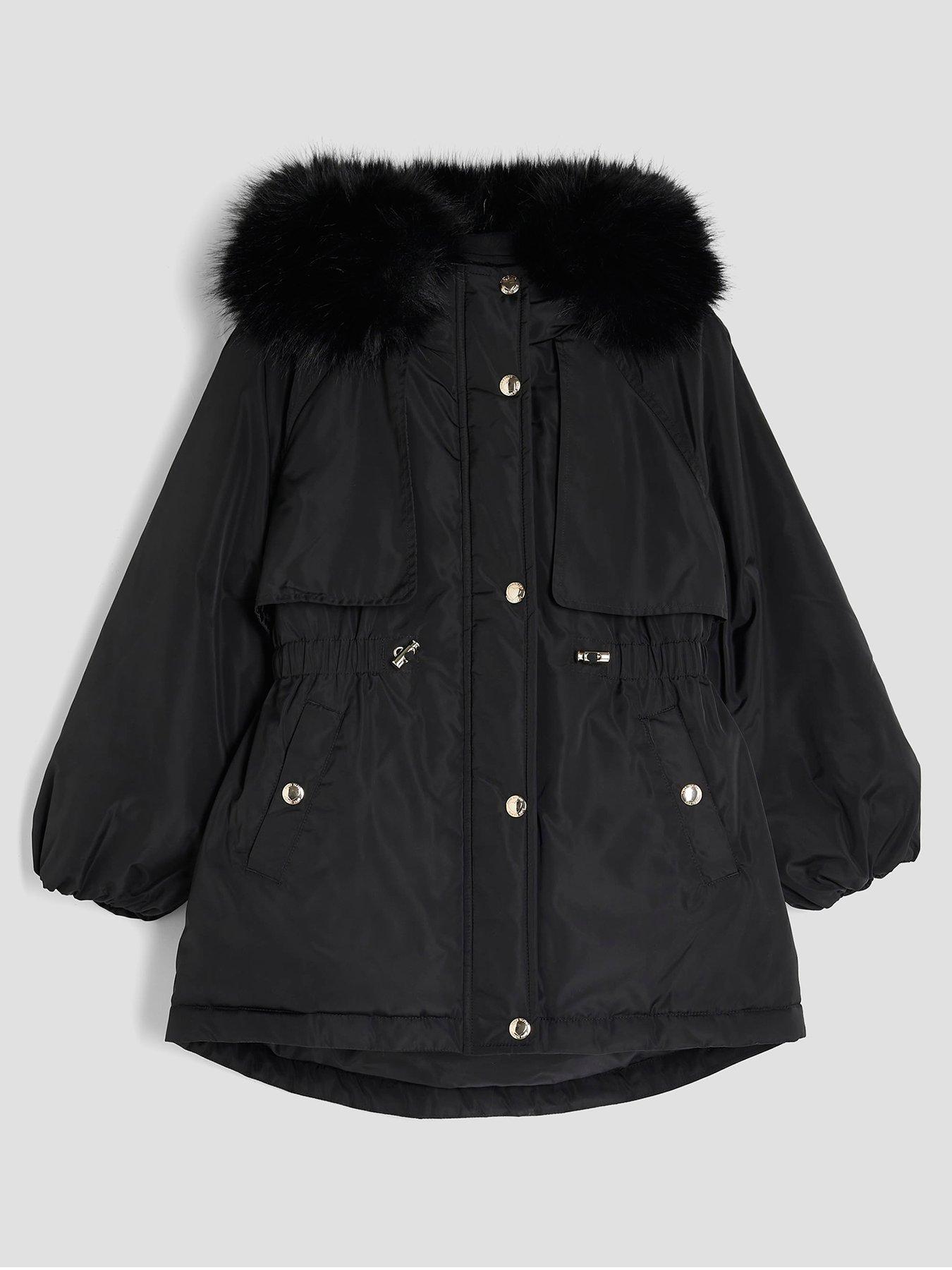  image of river-island-older-girls-faux-fur-hooded-coat-black