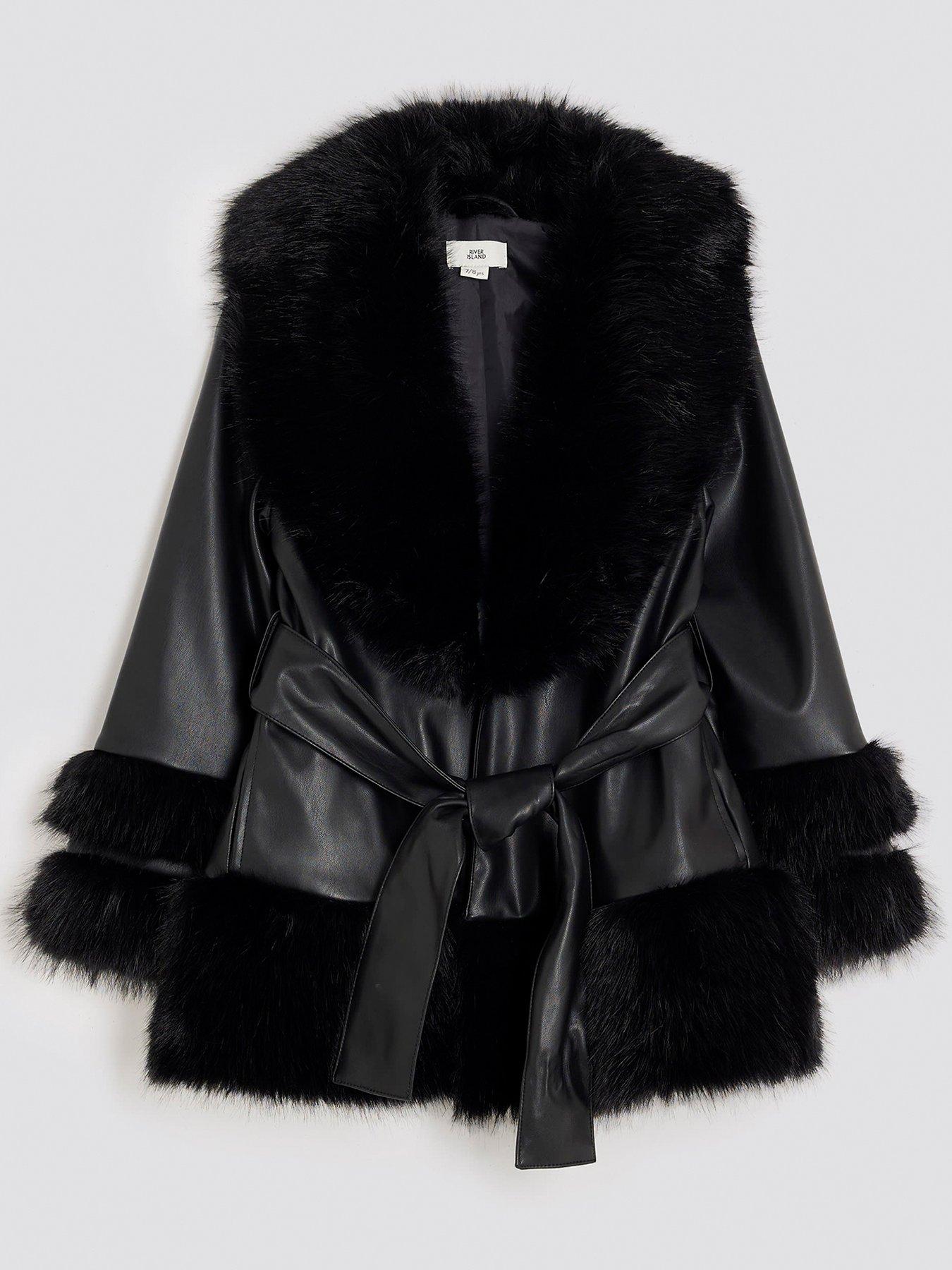  image of river-island-older-girls-faux-fur-wrap-coat-black