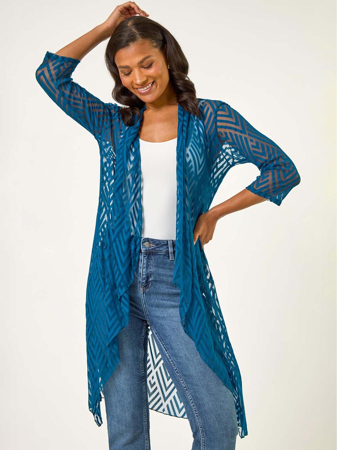 Roman Mesh Burnout Longline Kimono - Teal