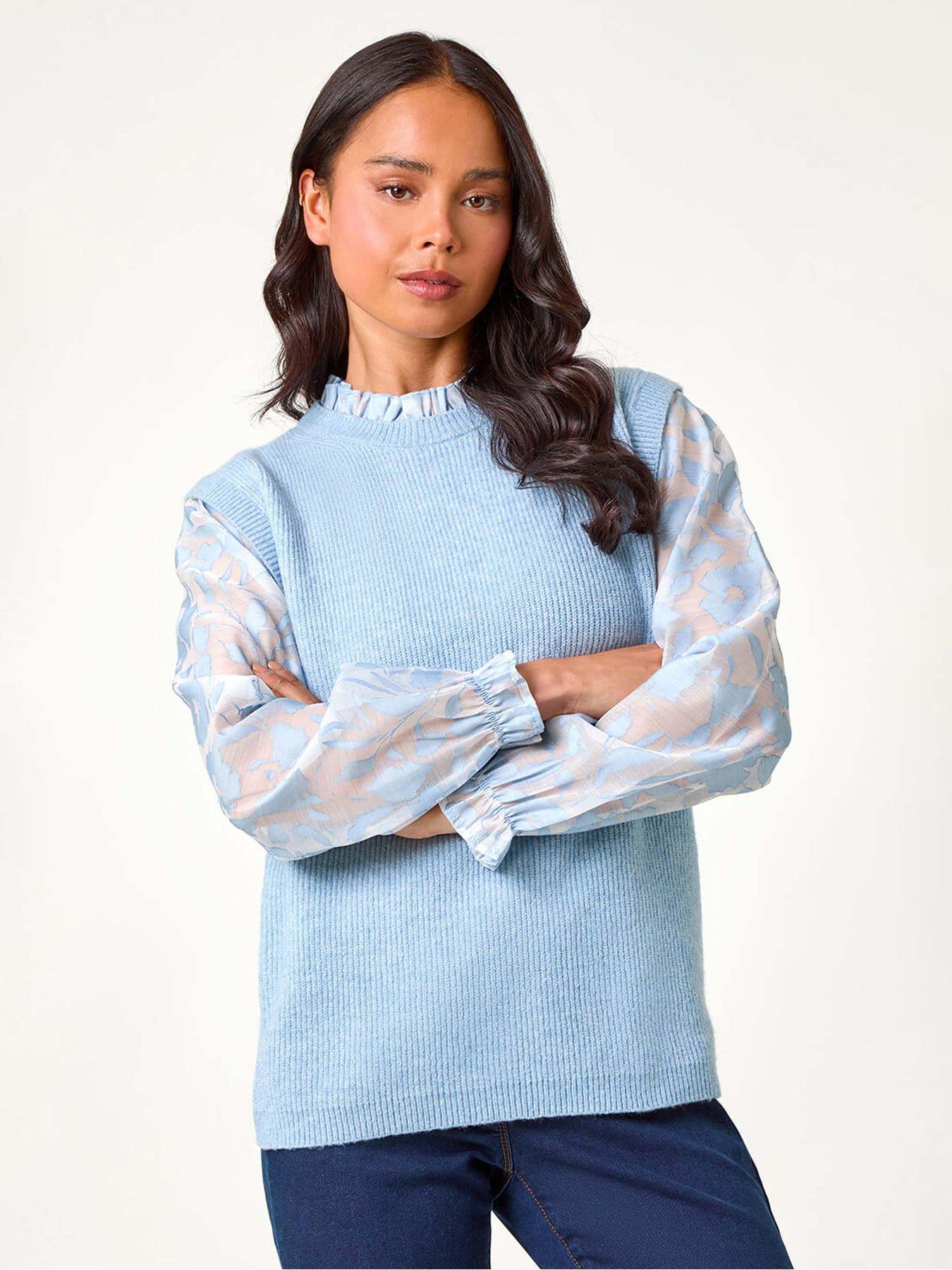 undefined Petite Floral Print 2 In 1 Knit Jumper - Light Blue