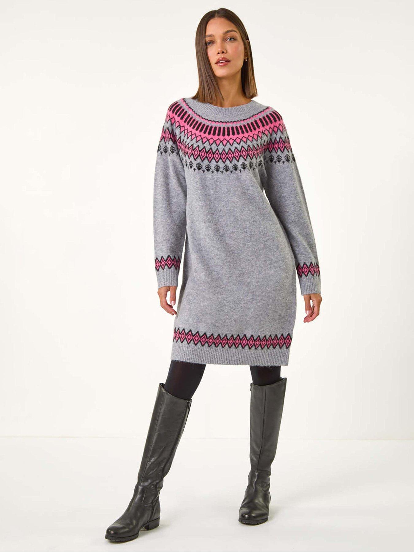 Roman Fairisle Knitted Jumper Dress - Grey