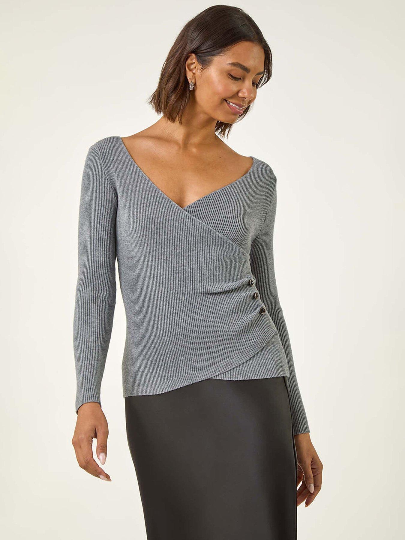 undefined Wrap Button Detail Knit Jumper - Grey