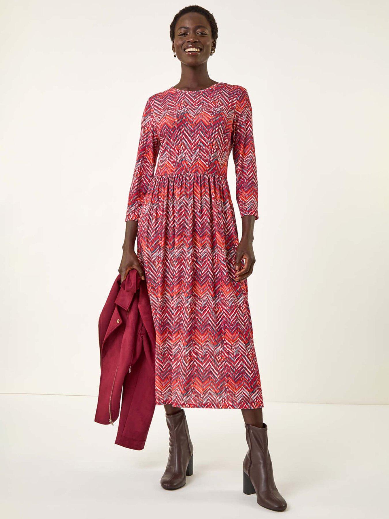 Roman Zig Zag Print Midi Dress - Red