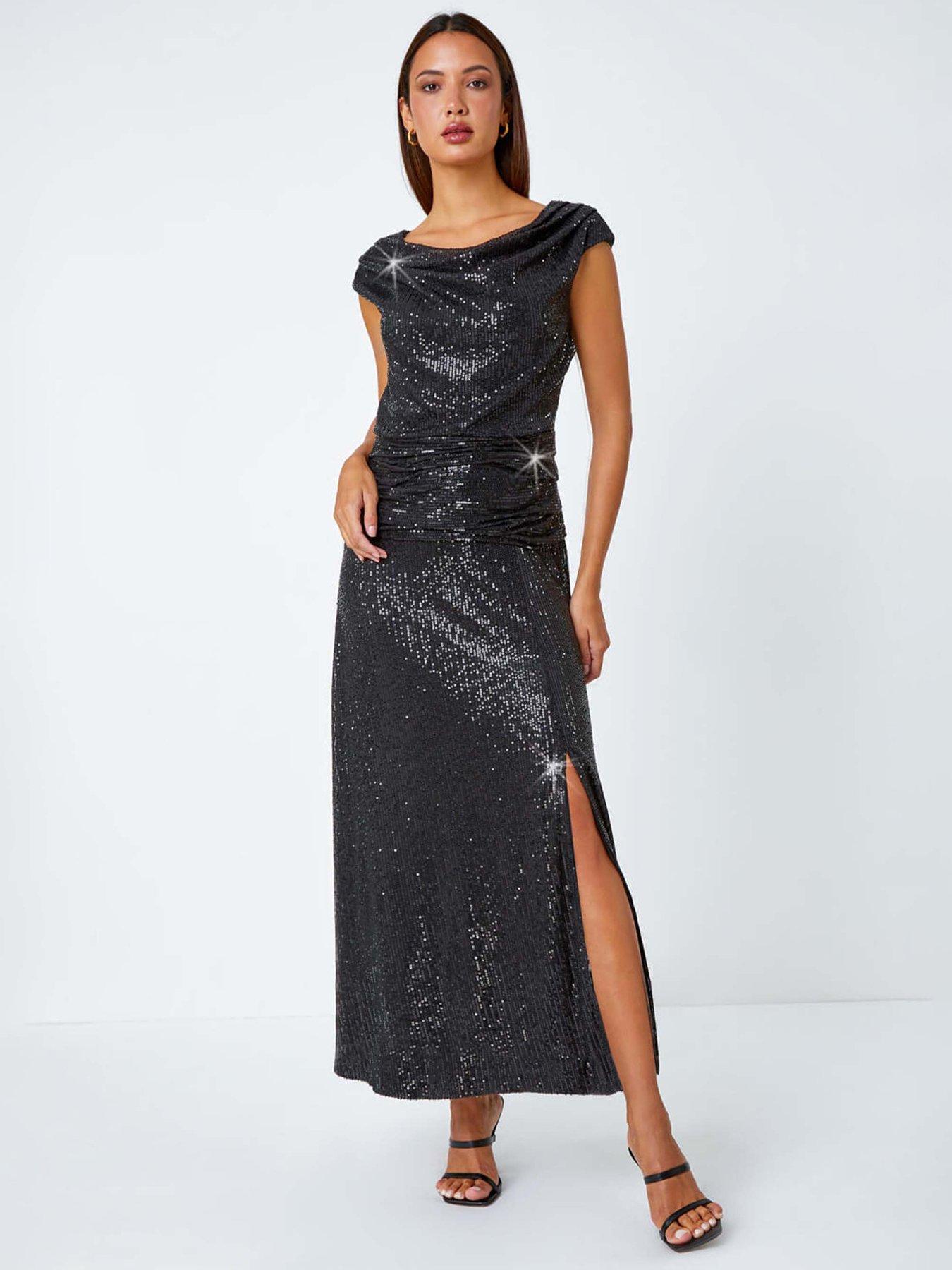 Roman Sequin Cowl Neck Maxi Stretch Dress - Black