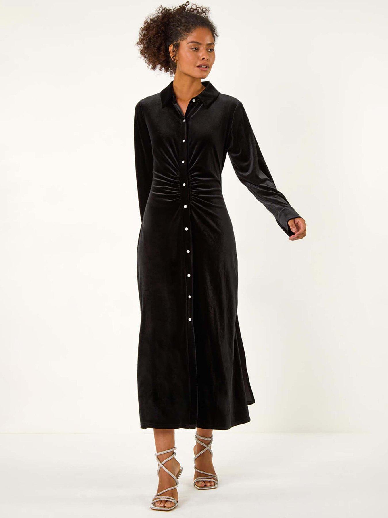 Roman Dusk Velvet Button Midi Shirt Dress - Black