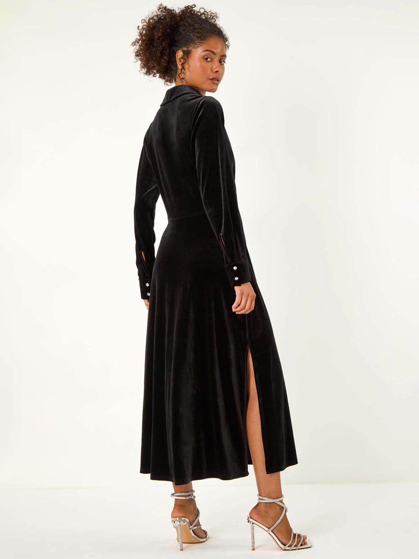 Image 2 of 5 of Roman Dusk Velvet Button Midi Shirt Dress - Black