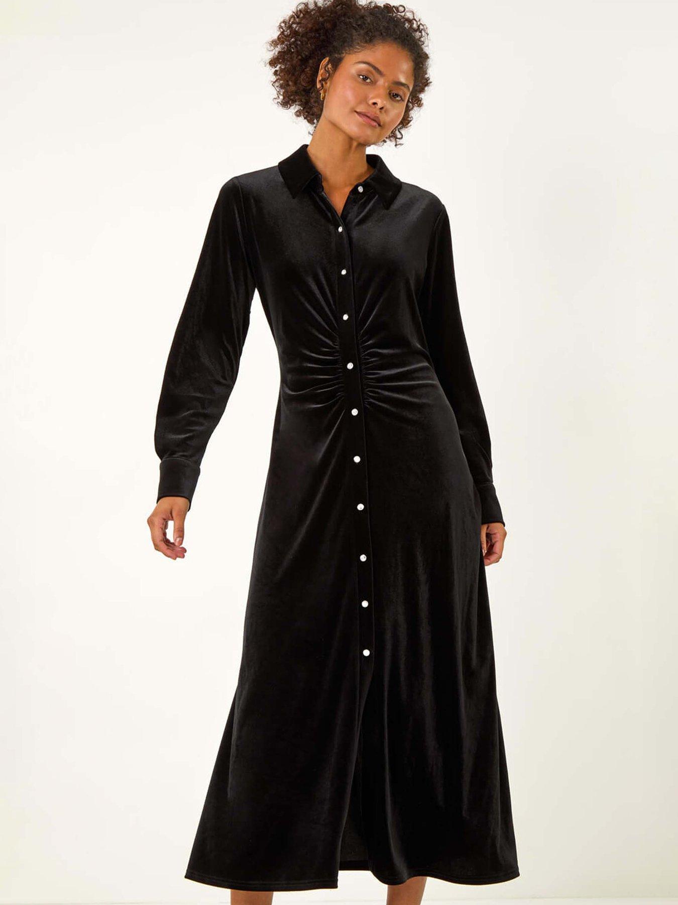 Image 3 of 5 of Roman Dusk Velvet Button Midi Shirt Dress - Black