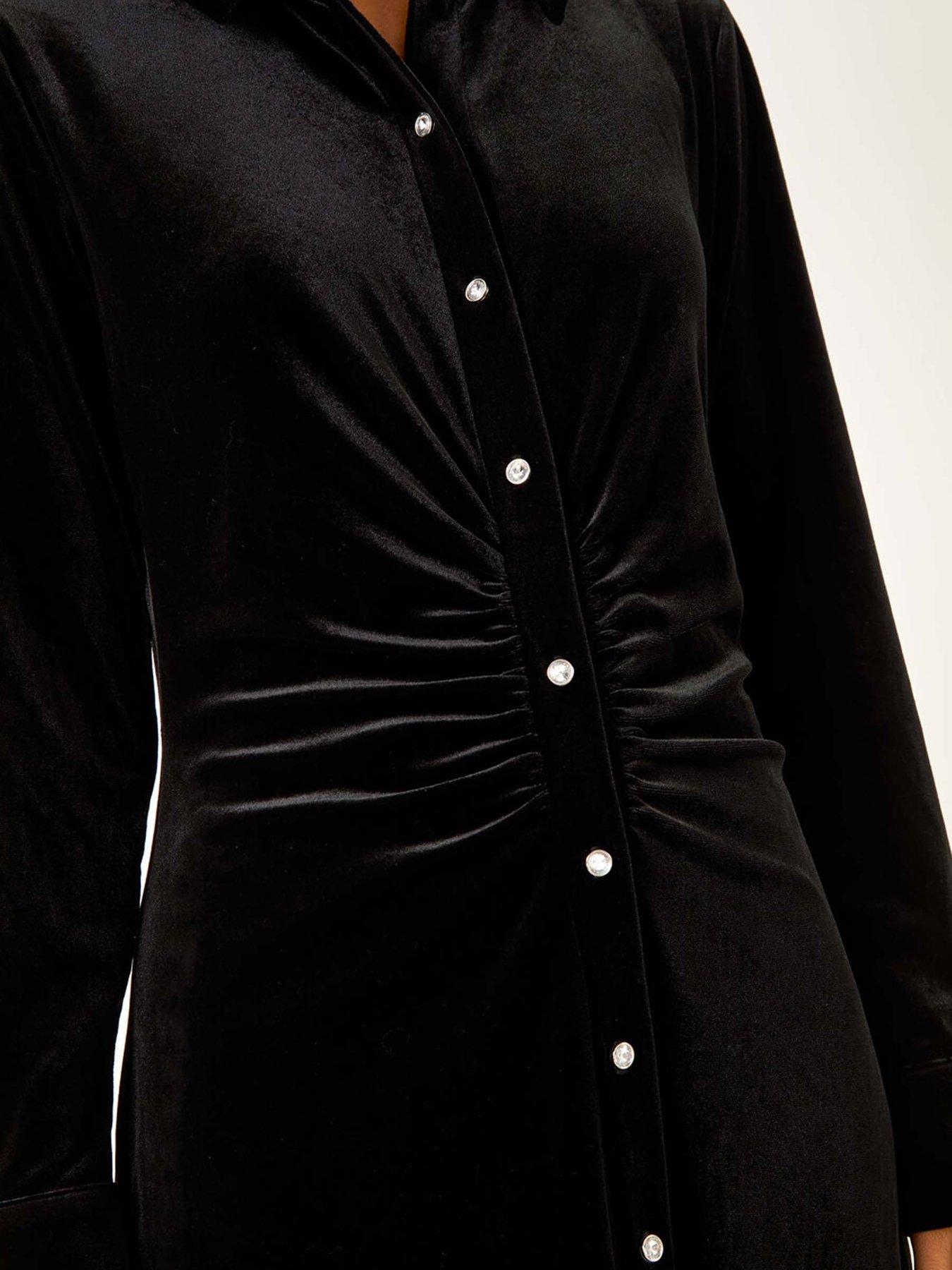 Image 5 of 5 of Roman Dusk Velvet Button Midi Shirt Dress - Black
