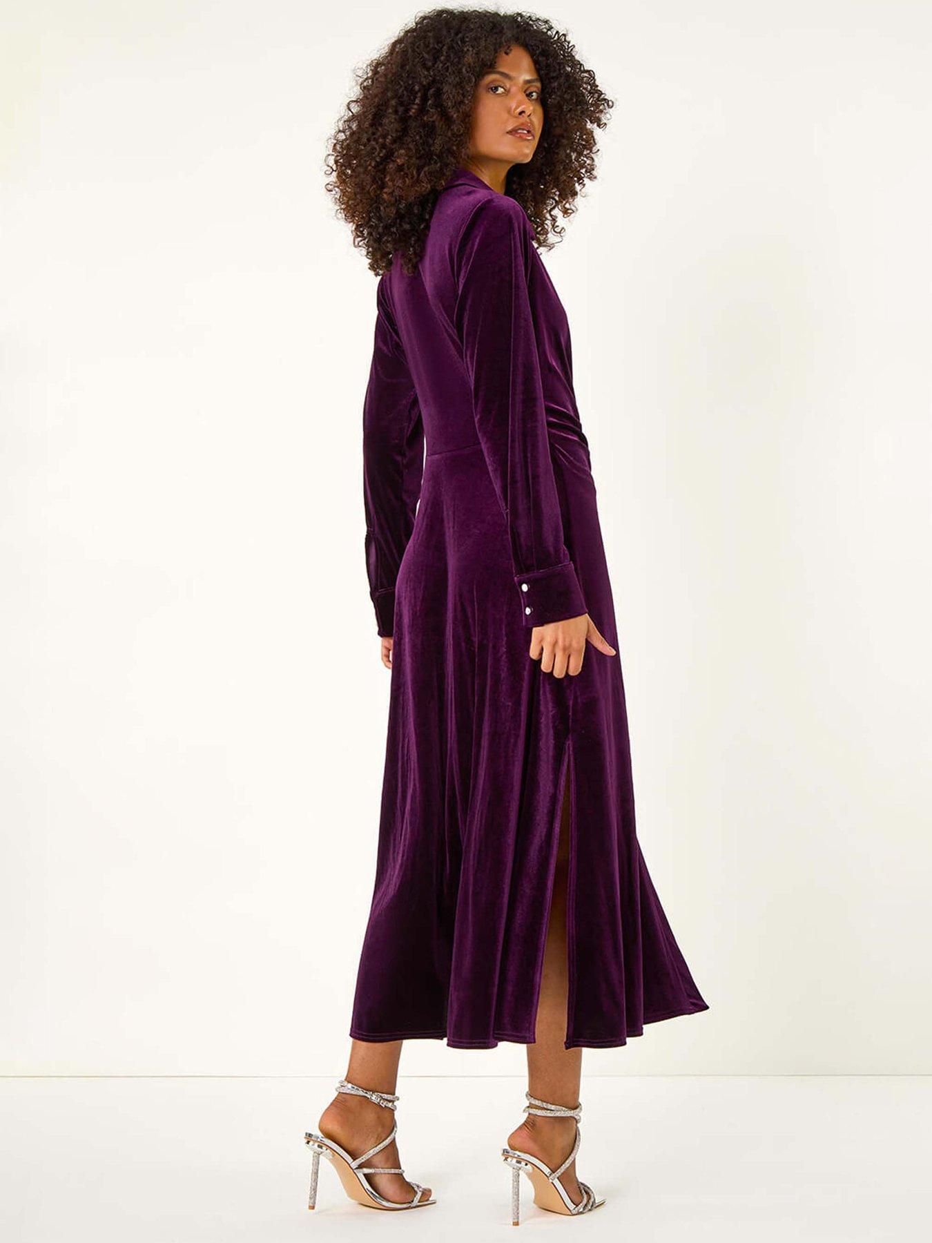  image of roman-velvet-button-shirt-stretch-midi-dress-purple