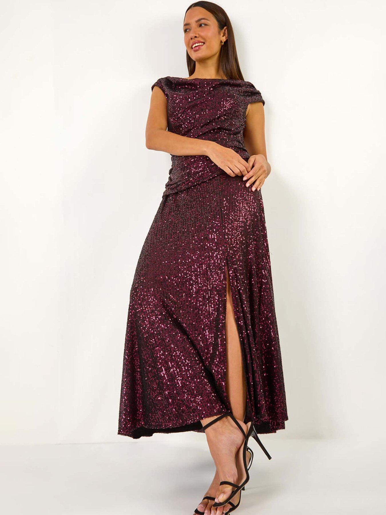 Roman Sequin Cowl Neck Maxi Stretch Dress - Magenta