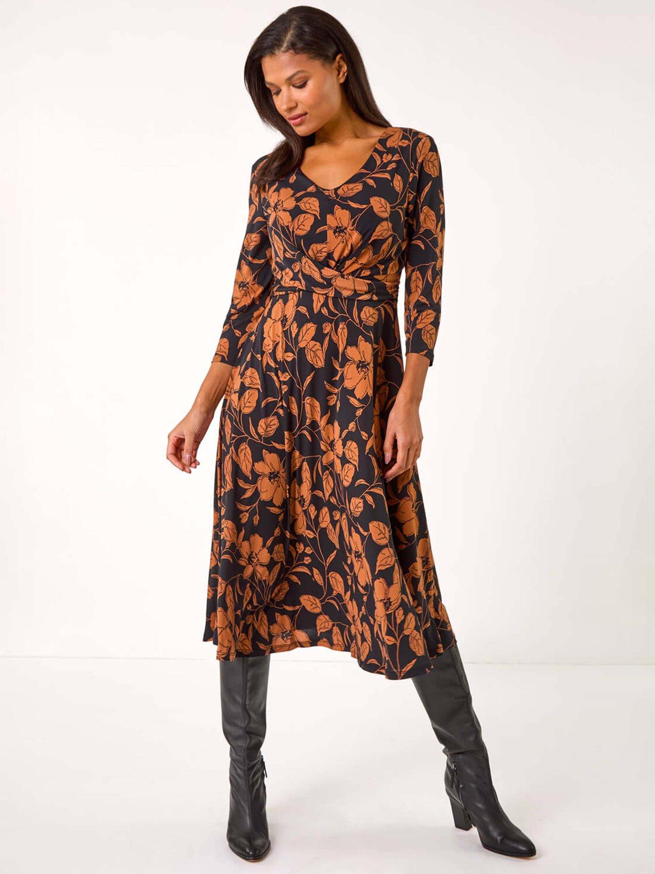 undefined Leaf Print Wrap Midi Dress - Tan