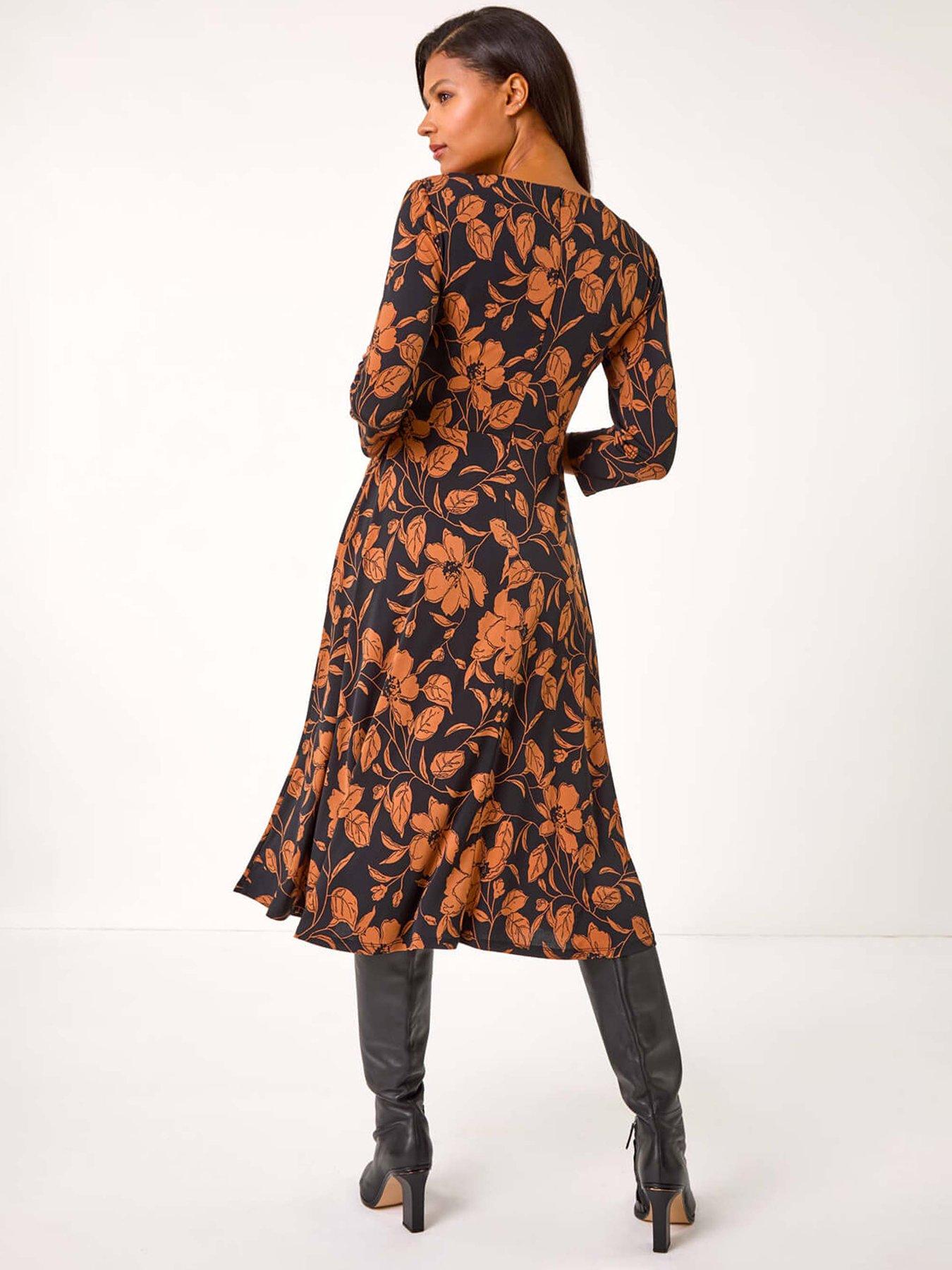Image 2 of 5 of Roman Leaf Print Wrap Midi Dress - Tan