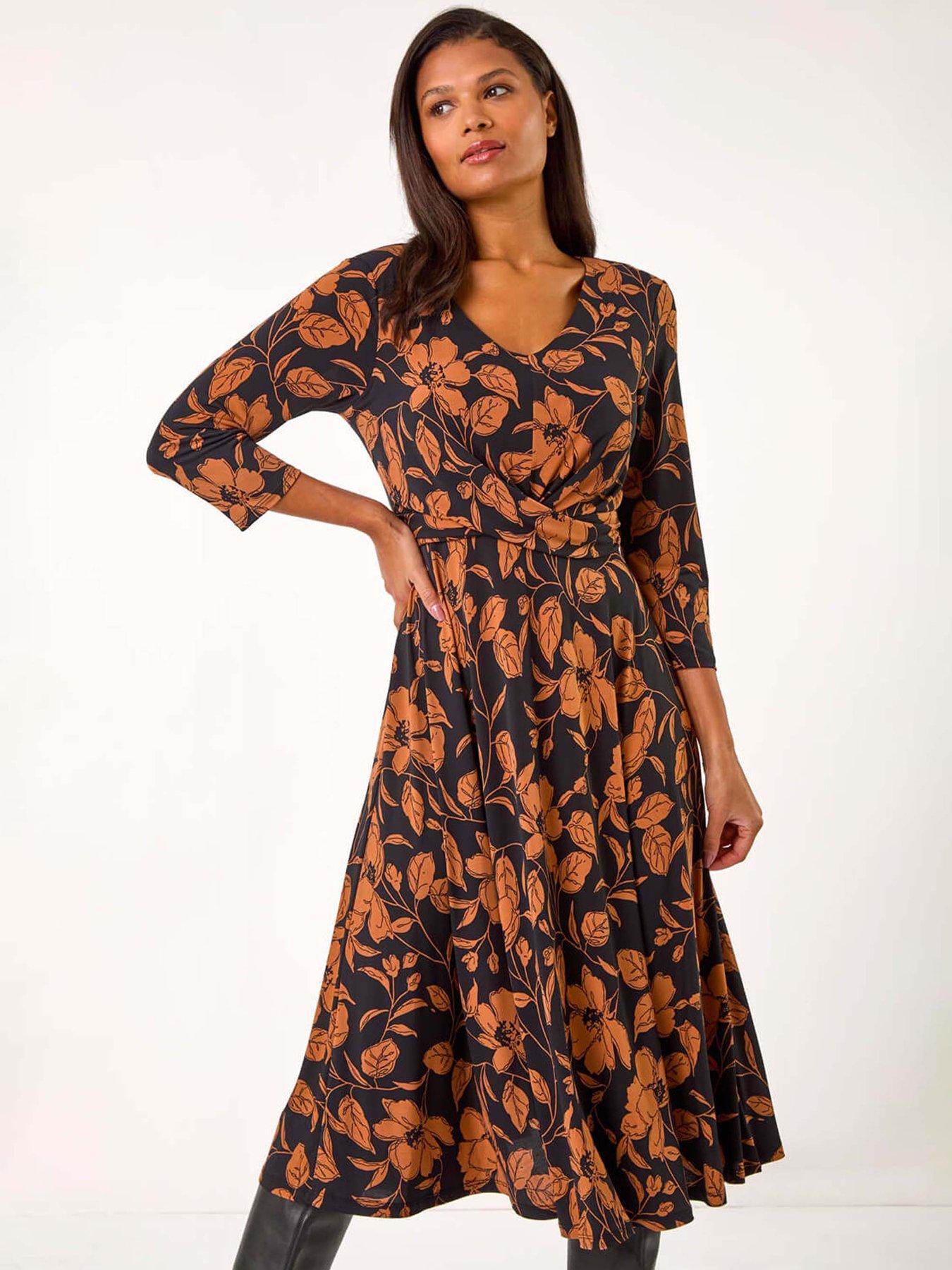 Image 4 of 5 of Roman Leaf Print Wrap Midi Dress - Tan