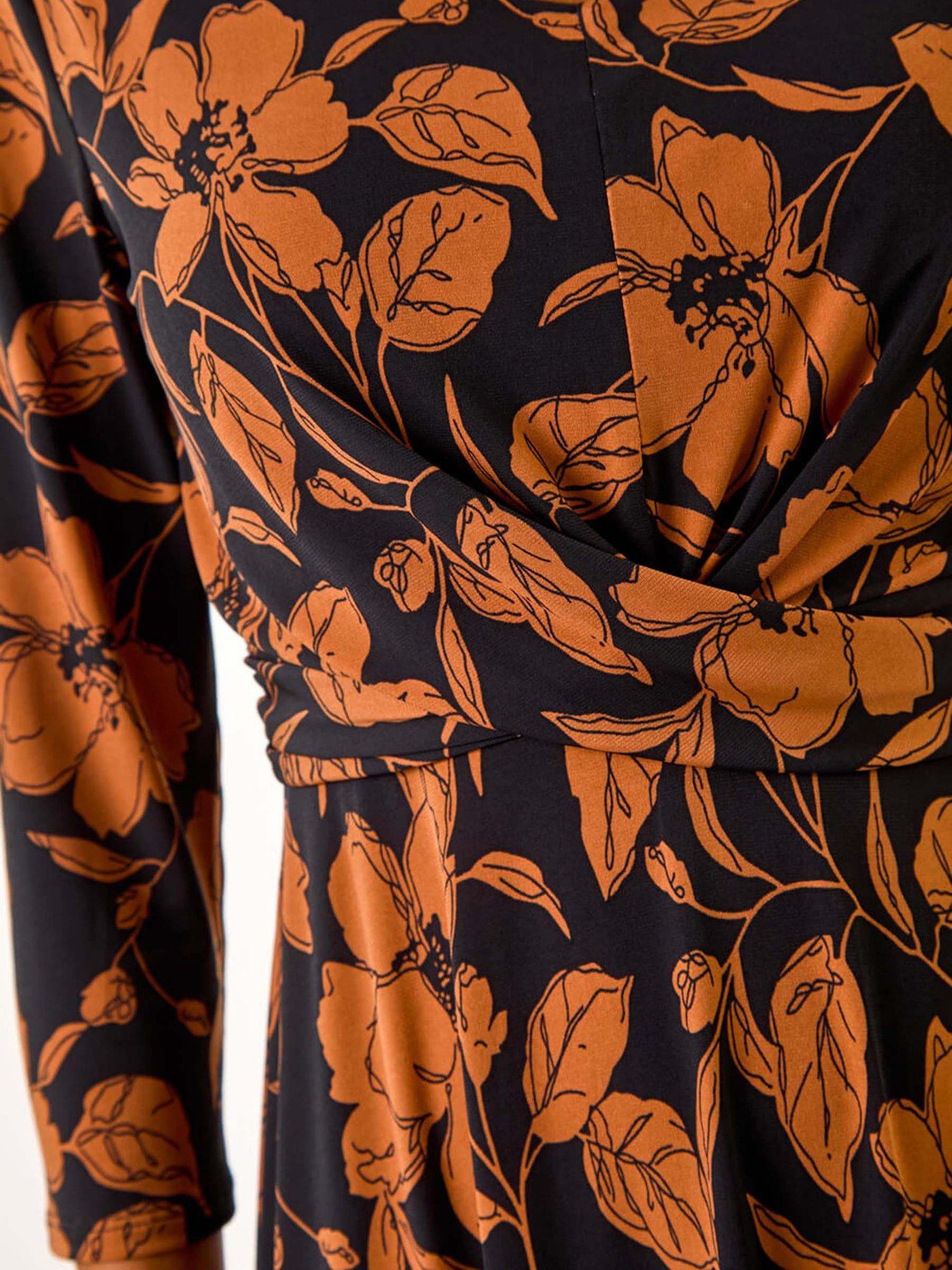 Image 5 of 5 of Roman Leaf Print Wrap Midi Dress - Tan