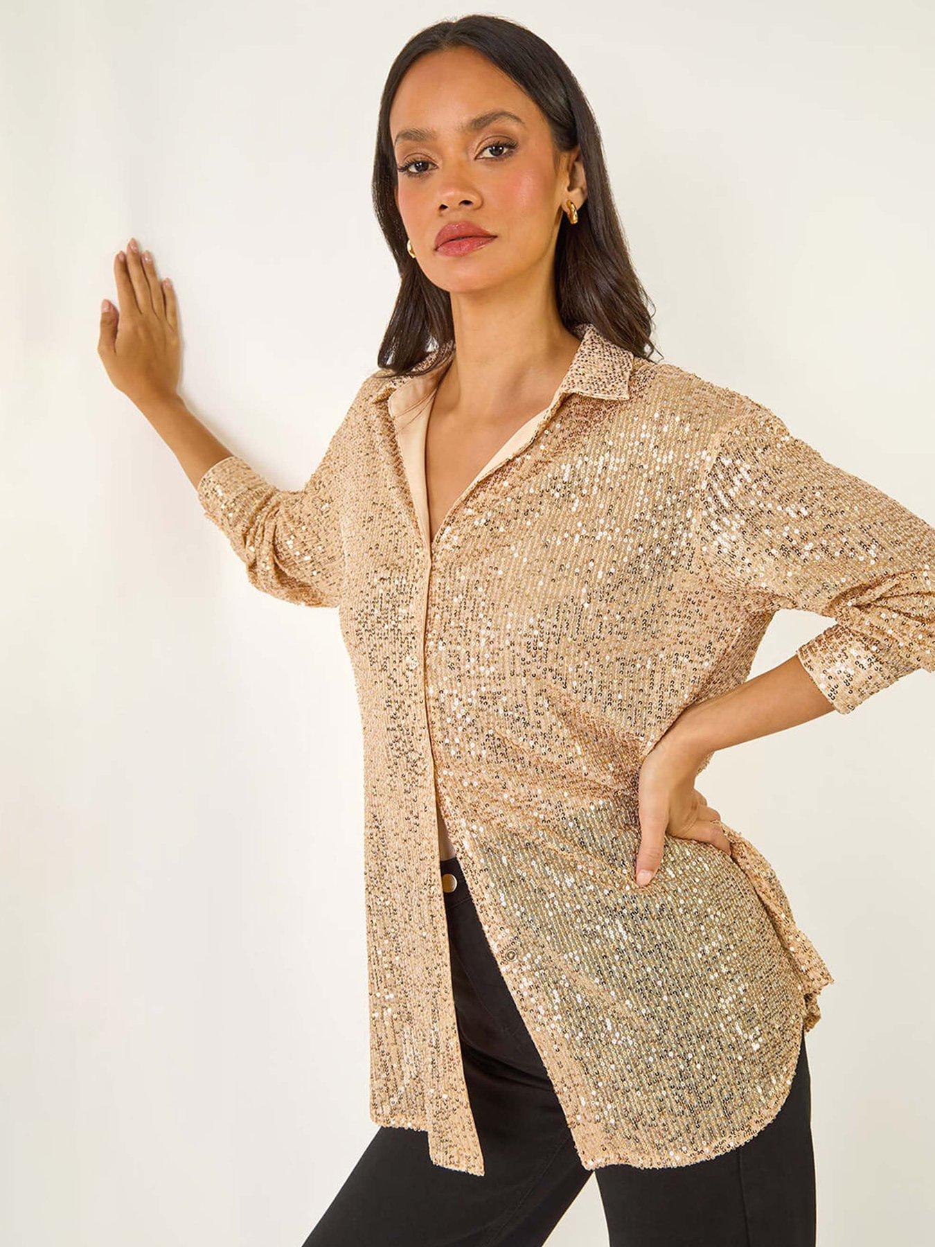 Image 1 of 5 of Roman Dusk Sequin Button Through Blouse - Gold