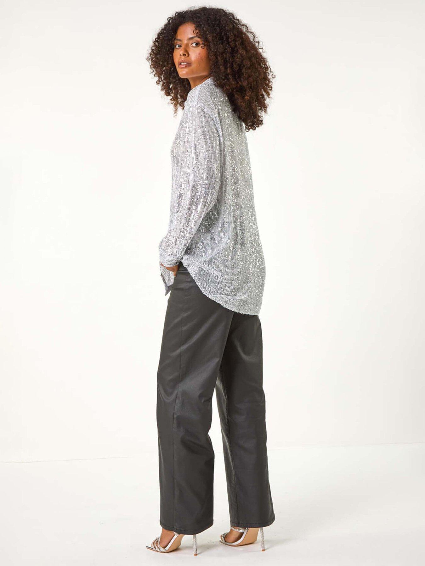 Image 2 of 5 of Roman Dusk Sequin Button Through Blouse - Silver