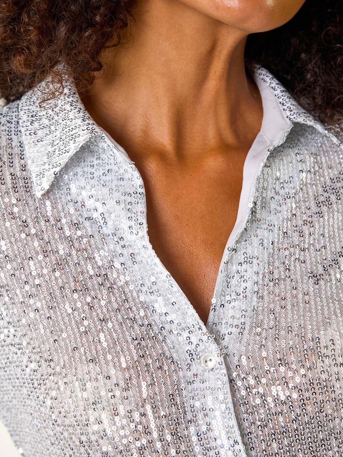 Image 5 of 5 of Roman Dusk Sequin Button Through Blouse - Silver