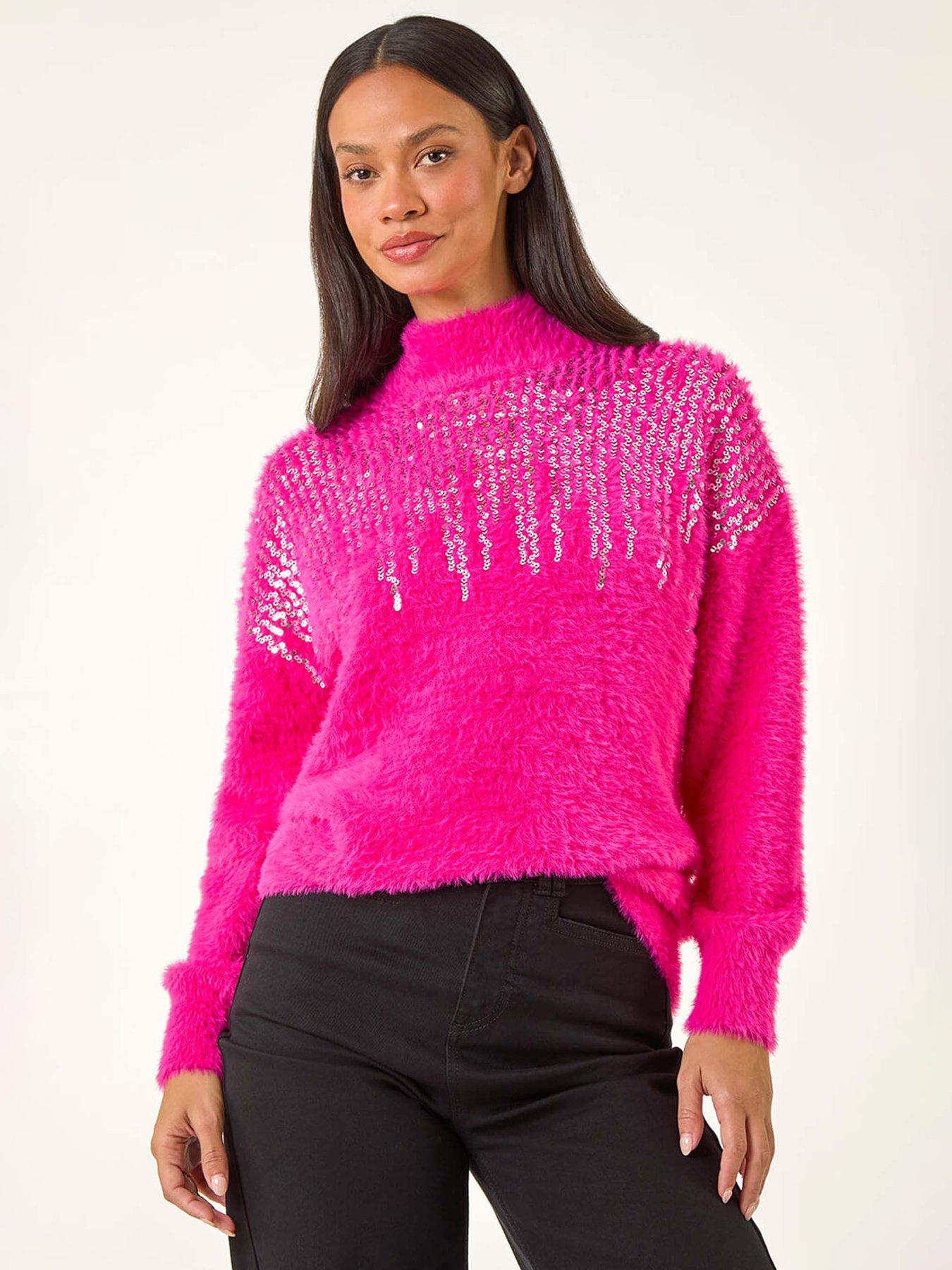 Roman Dusk Sequin Embellished Fluffy Knit Jumper - Pink