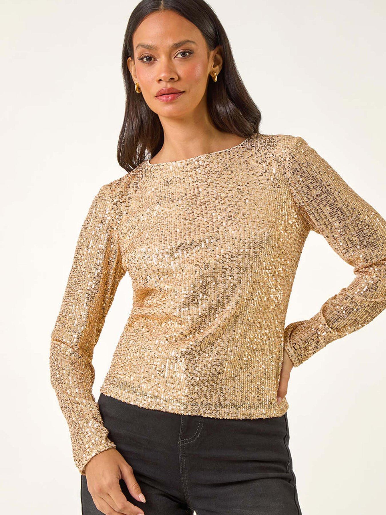Image 1 of 5 of Roman Dusk Sequin Long Sleeve Stretch Top - Gold