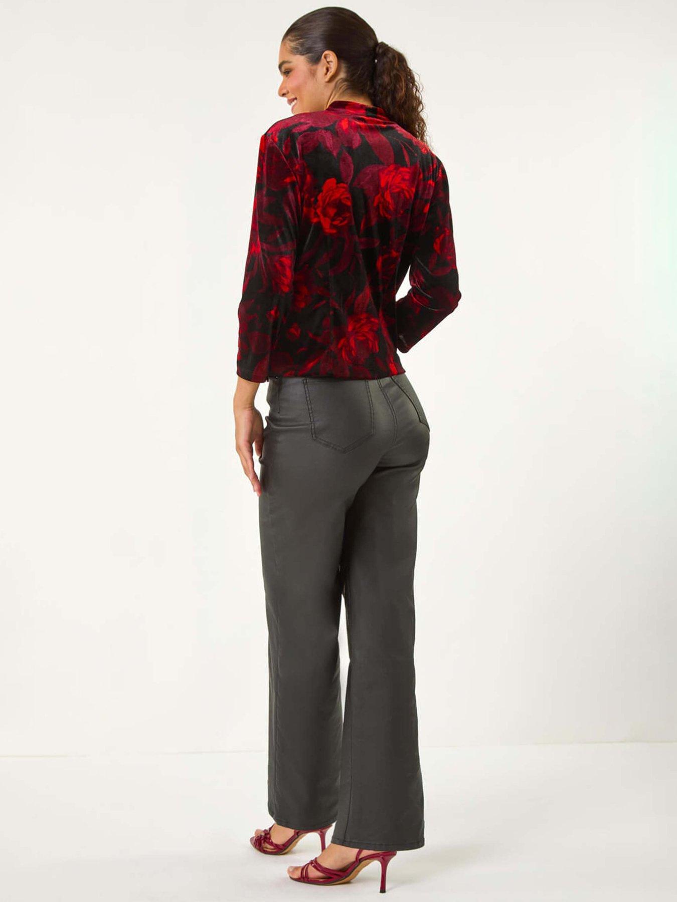 Image 2 of 5 of Roman Floral Print Velvet Blouse - Red