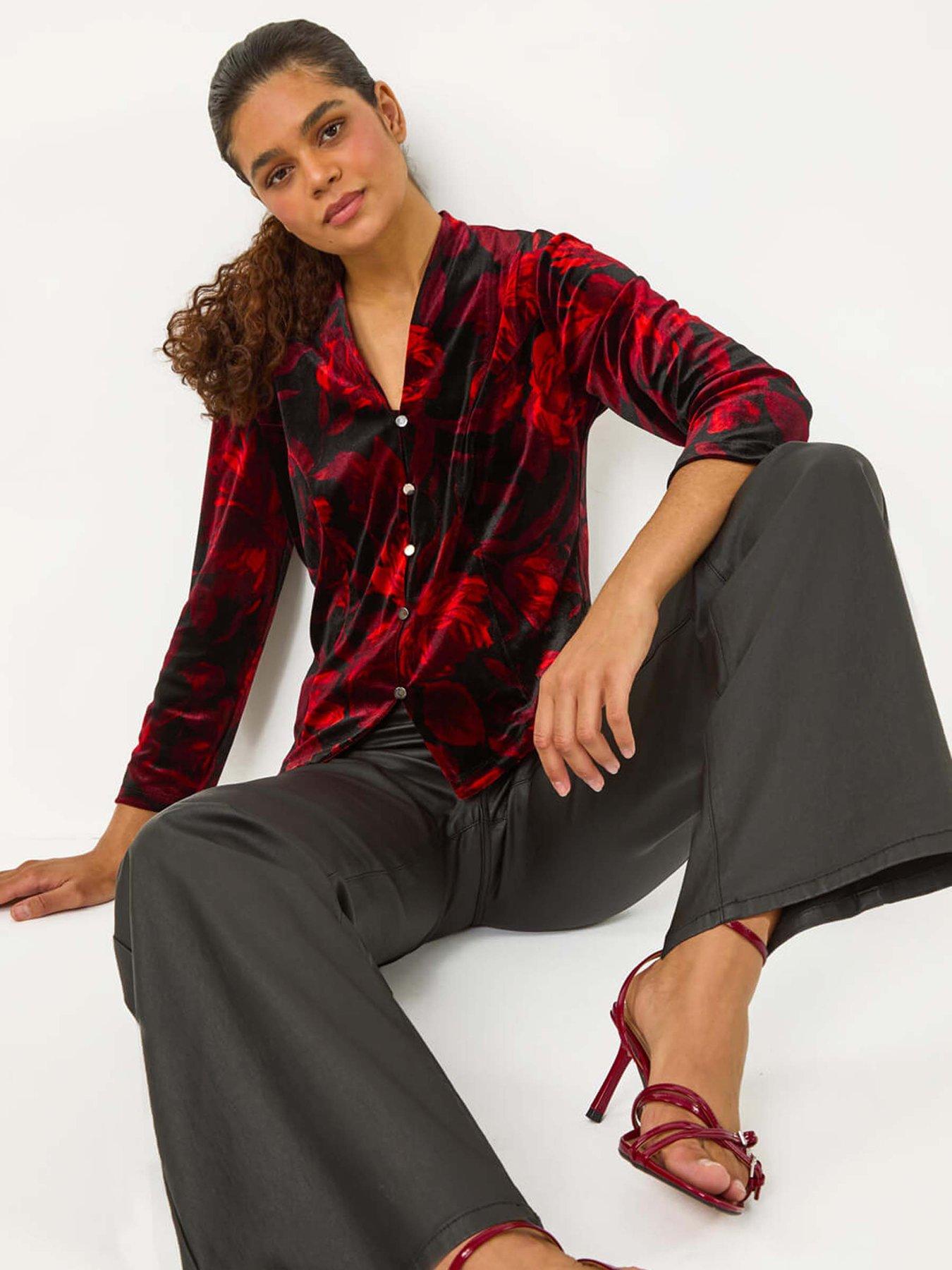 Image 3 of 5 of Roman Floral Print Velvet Blouse - Red