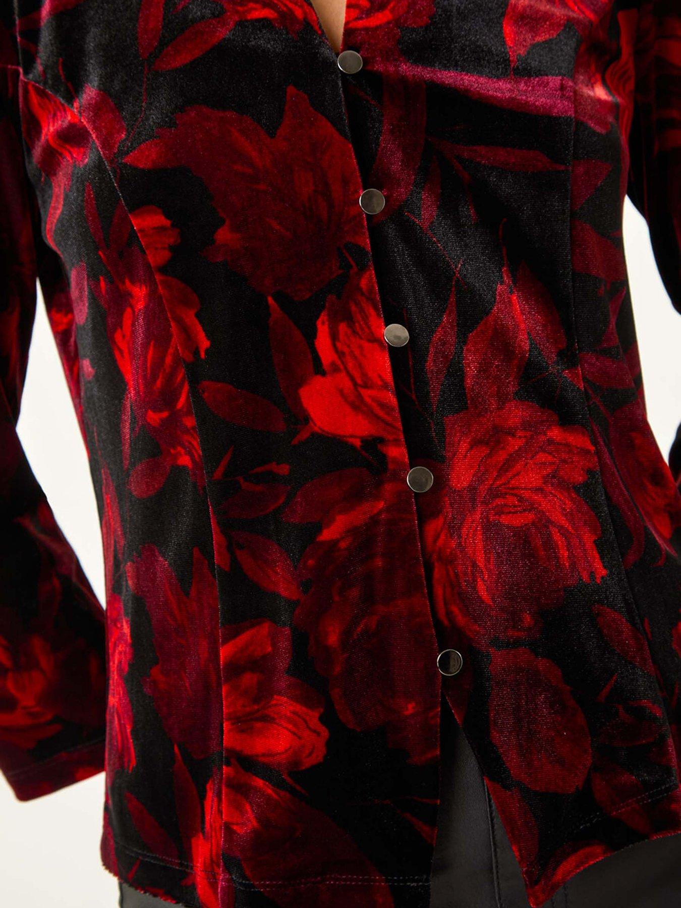 Image 5 of 5 of Roman Floral Print Velvet Blouse - Red