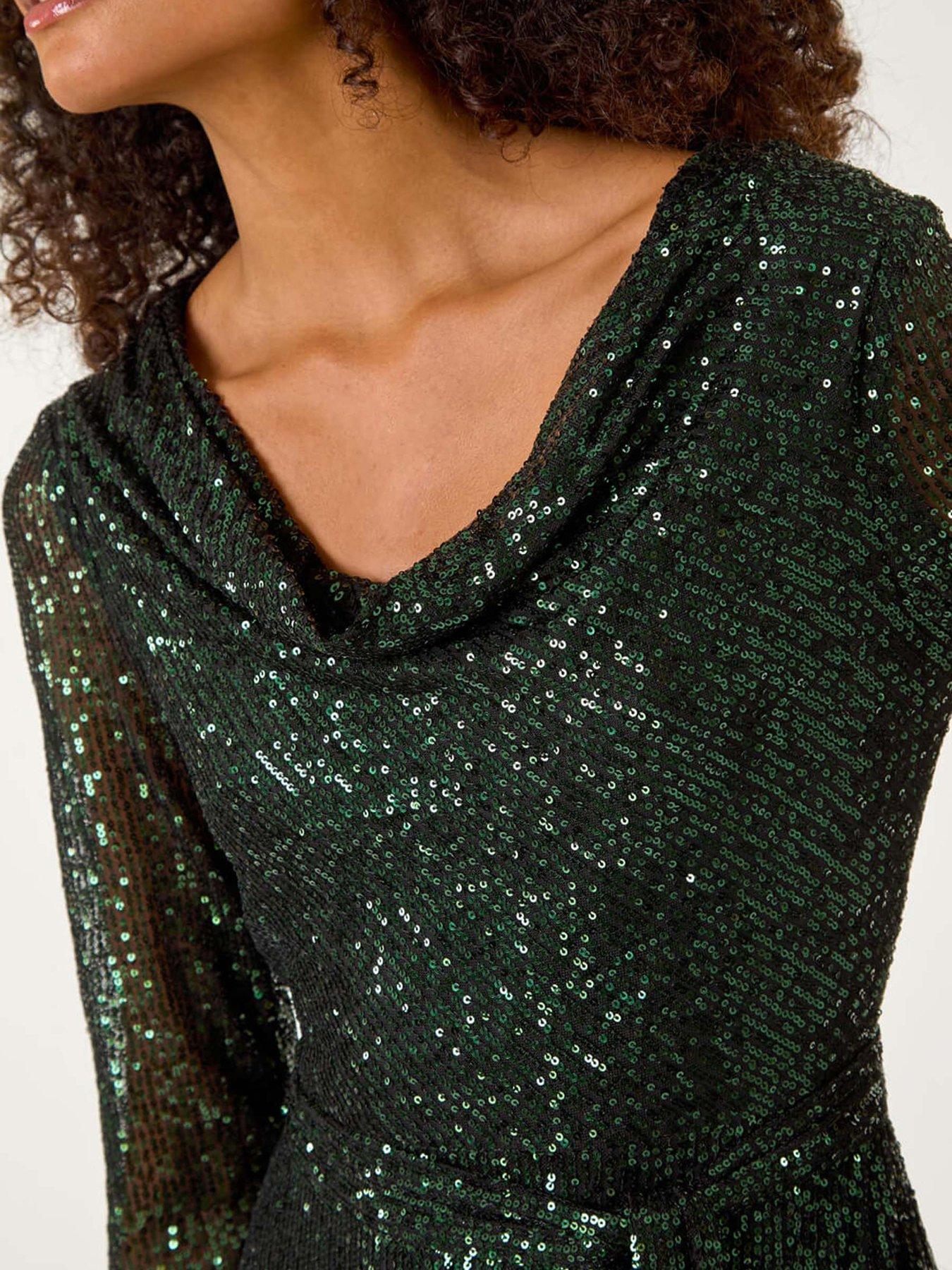  image of roman-dusk-sequin-cowl-neck-pencil-stretch-dress-dark-green