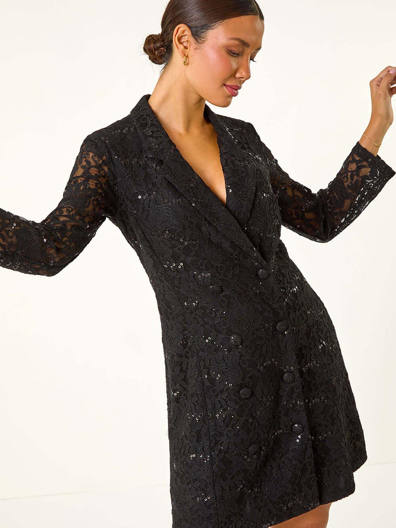 Image 3 of 5 of Roman Sequin Lace Blazer Dress - Black