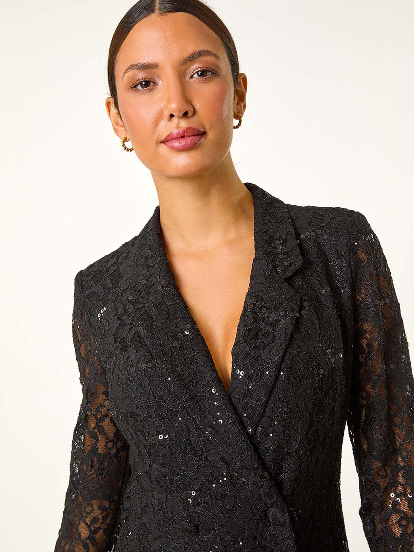 Image 4 of 5 of Roman Sequin Lace Blazer Dress - Black