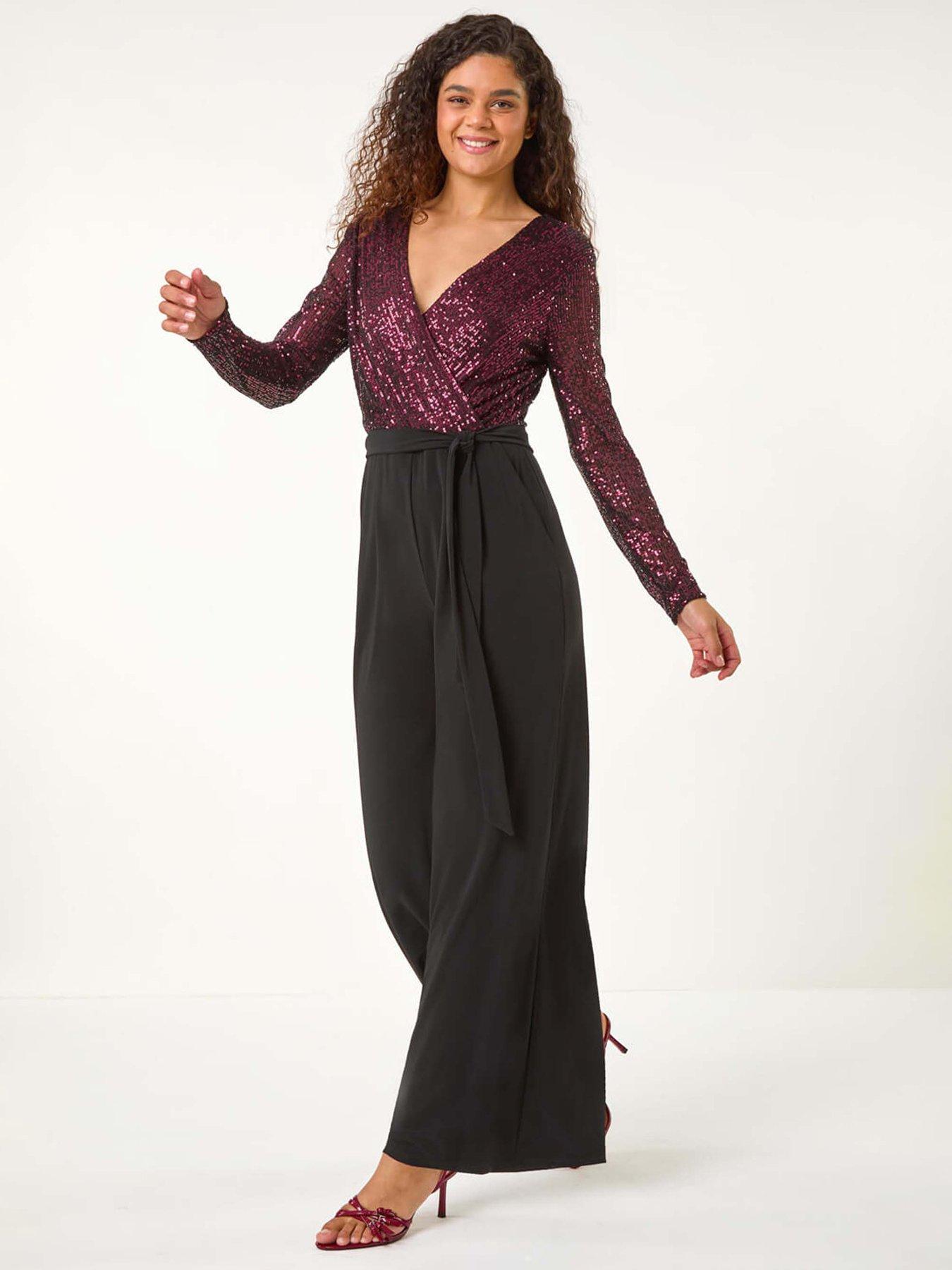undefined Sequin Wrap V-neck Stretch Jumpsuit - Magenta