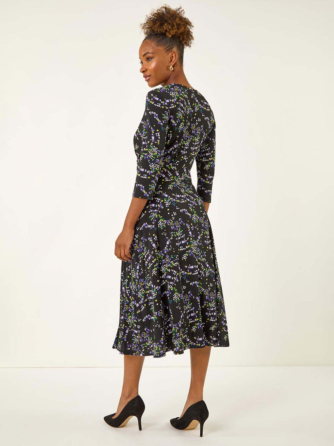 Image 2 of 5 of Roman Abstract Crossover Stretch Midi Dress - Lime
