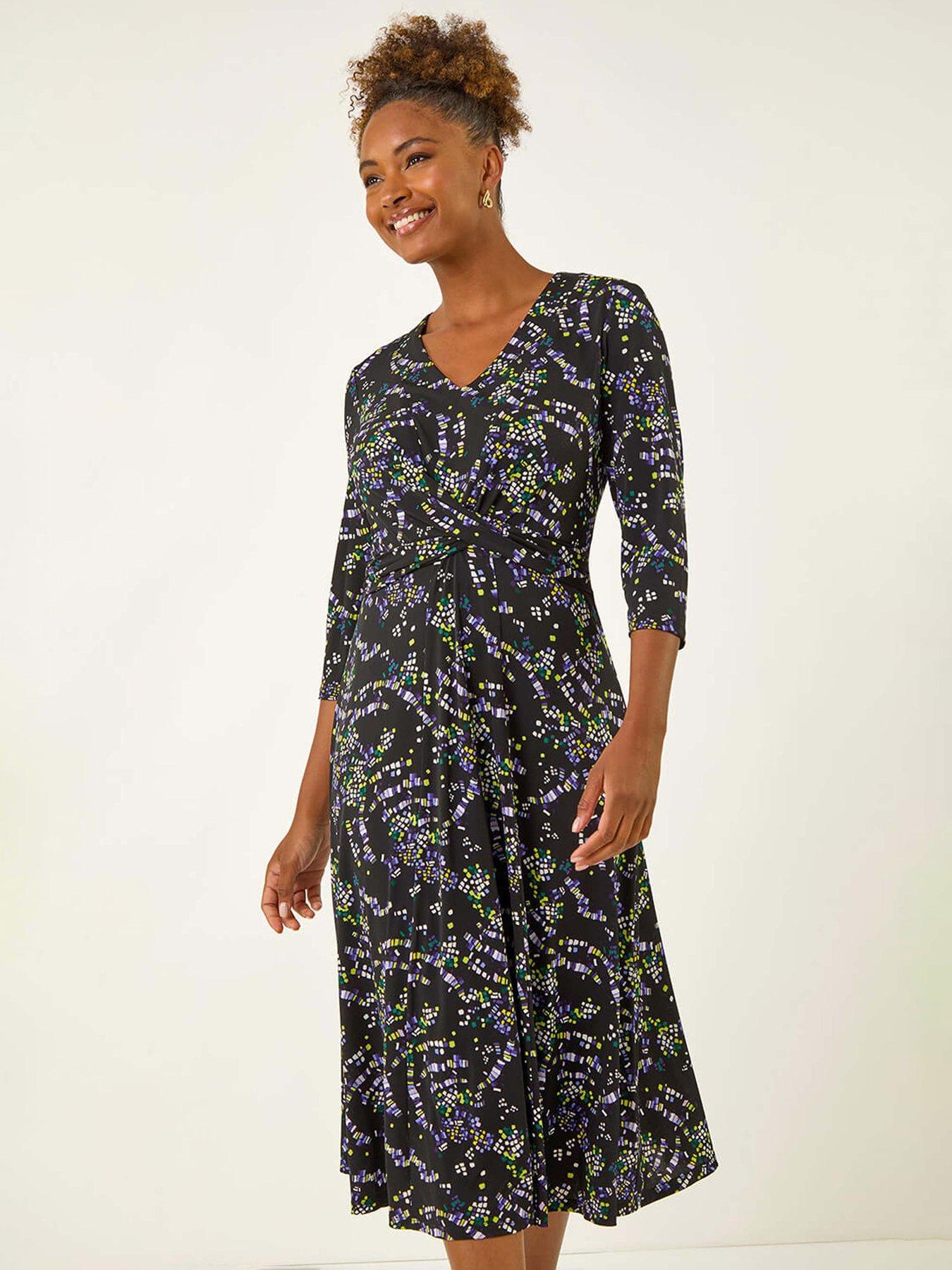 Image 3 of 5 of Roman Abstract Crossover Stretch Midi Dress - Lime