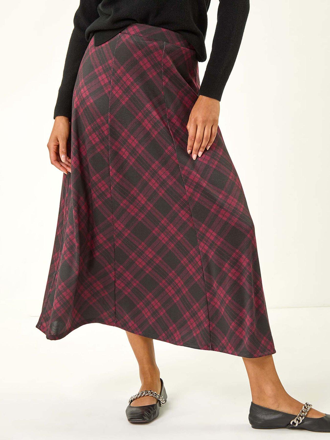 Roman Check Print Midi Stretch Skirt  - Wine
