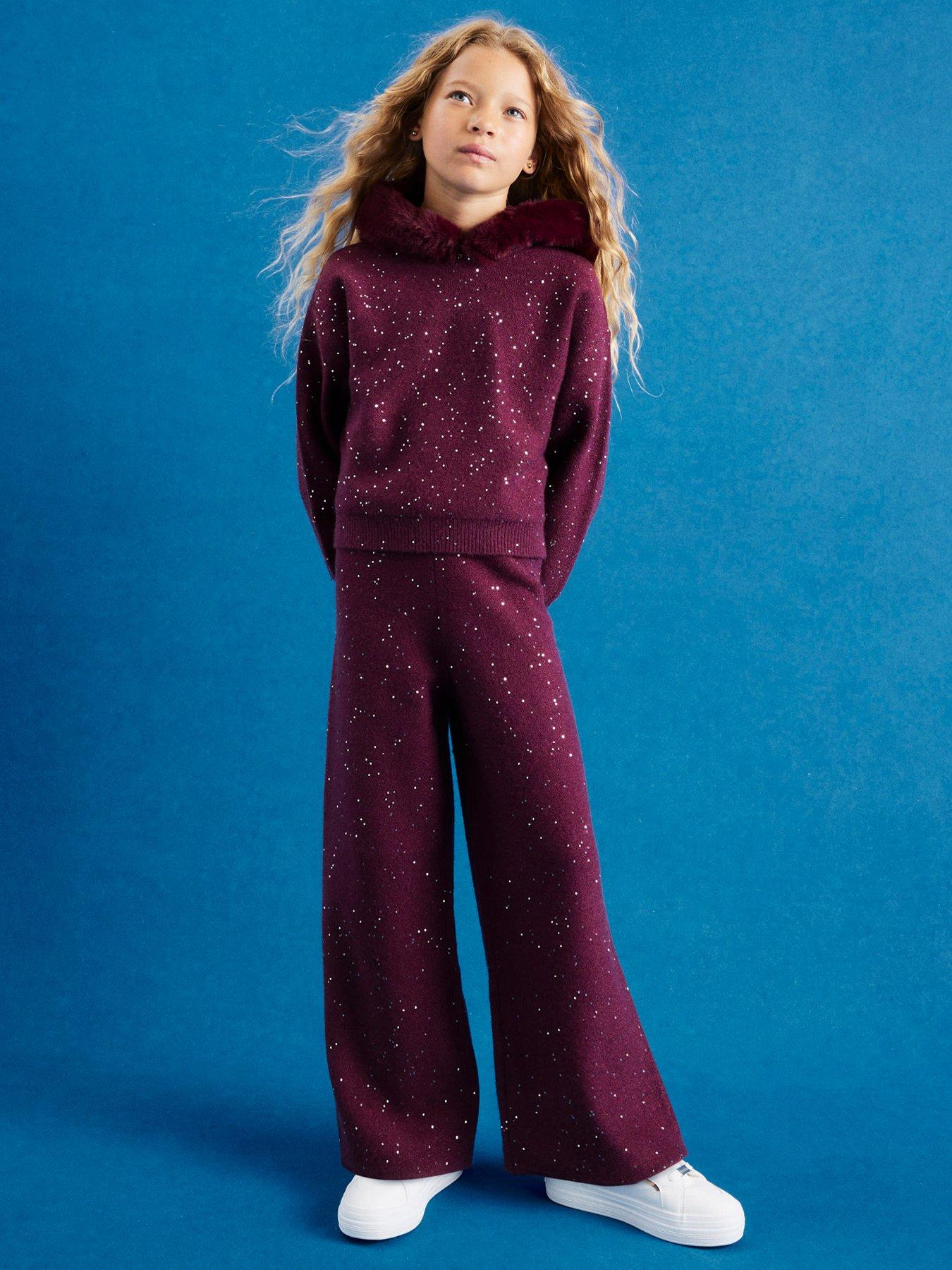 River Island Older Girls Sequin Fur Hooded Set - Dark Red
