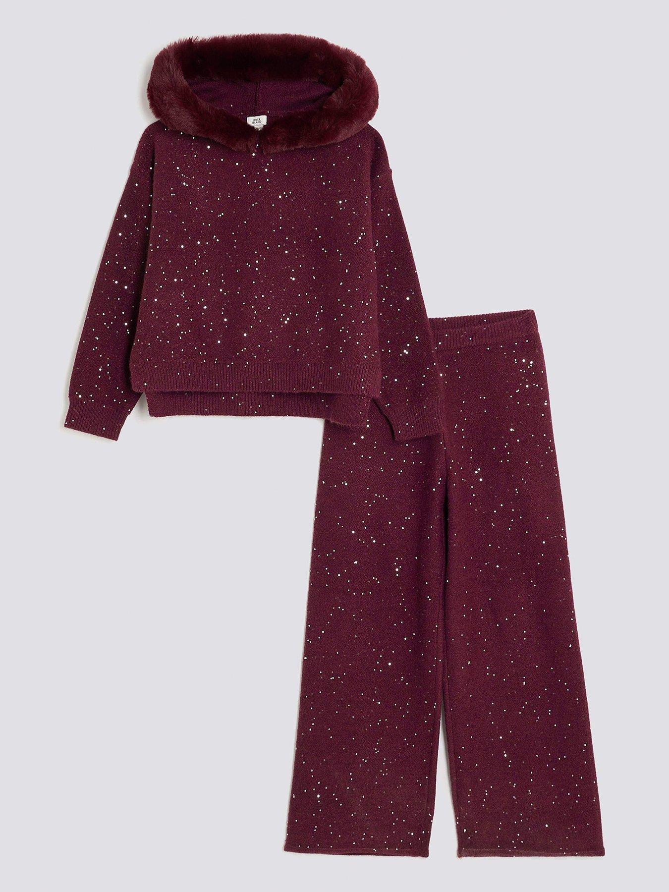 Image 2 of 5 of River Island Older Girls Sequin Fur Hooded Set - Dark Red