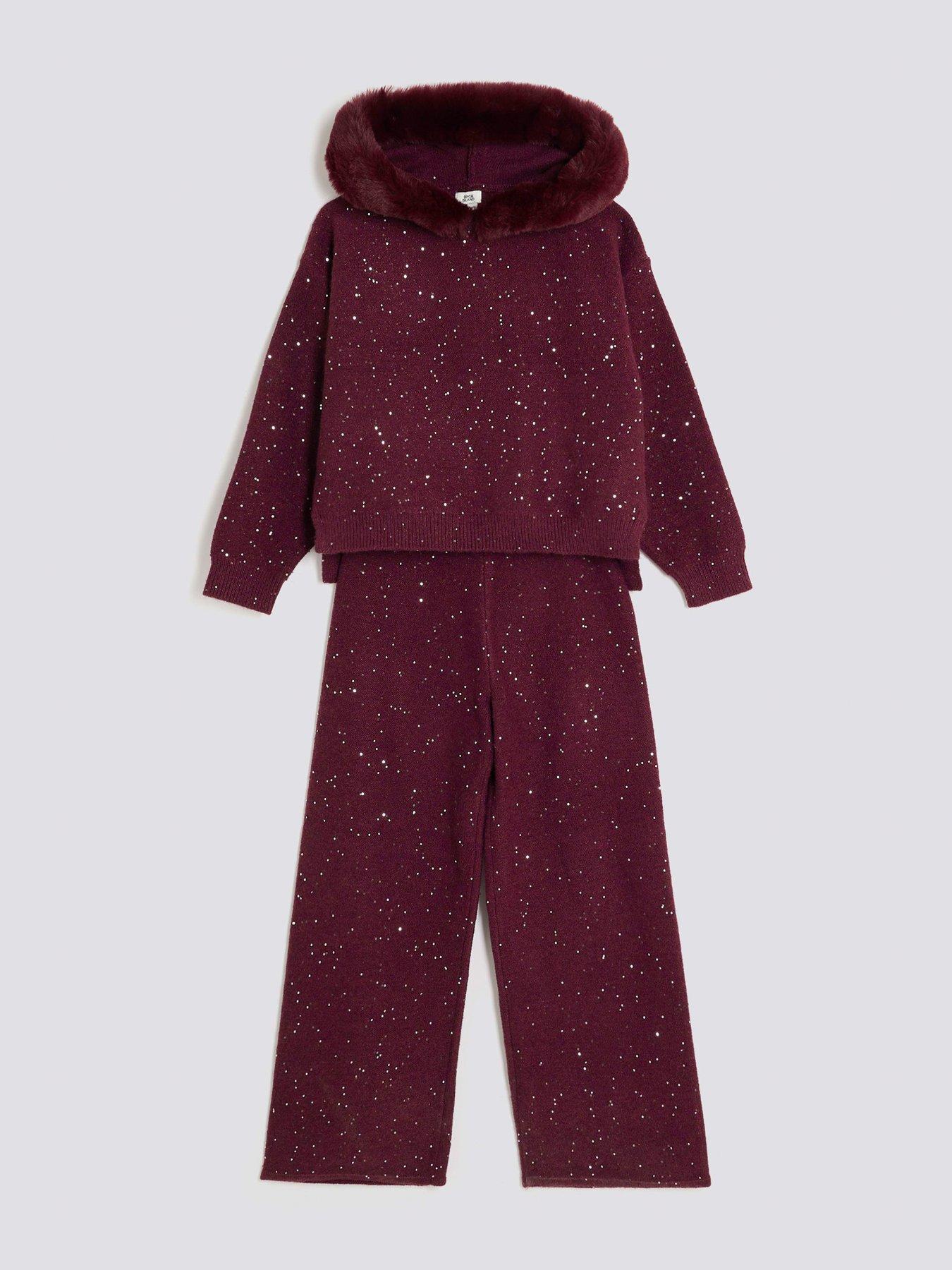 Image 4 of 5 of River Island Older Girls Sequin Fur Hooded Set - Dark Red