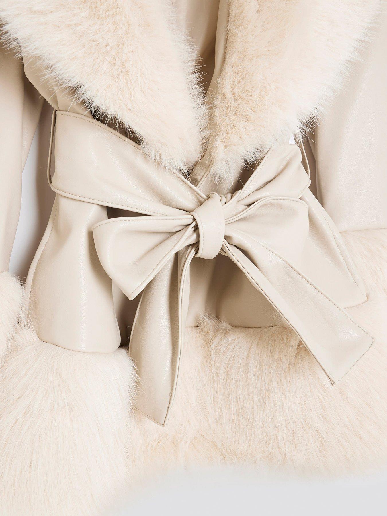 Image 4 of 4 of River Island Older Girls Faux Fur Wrap Coat - Cream