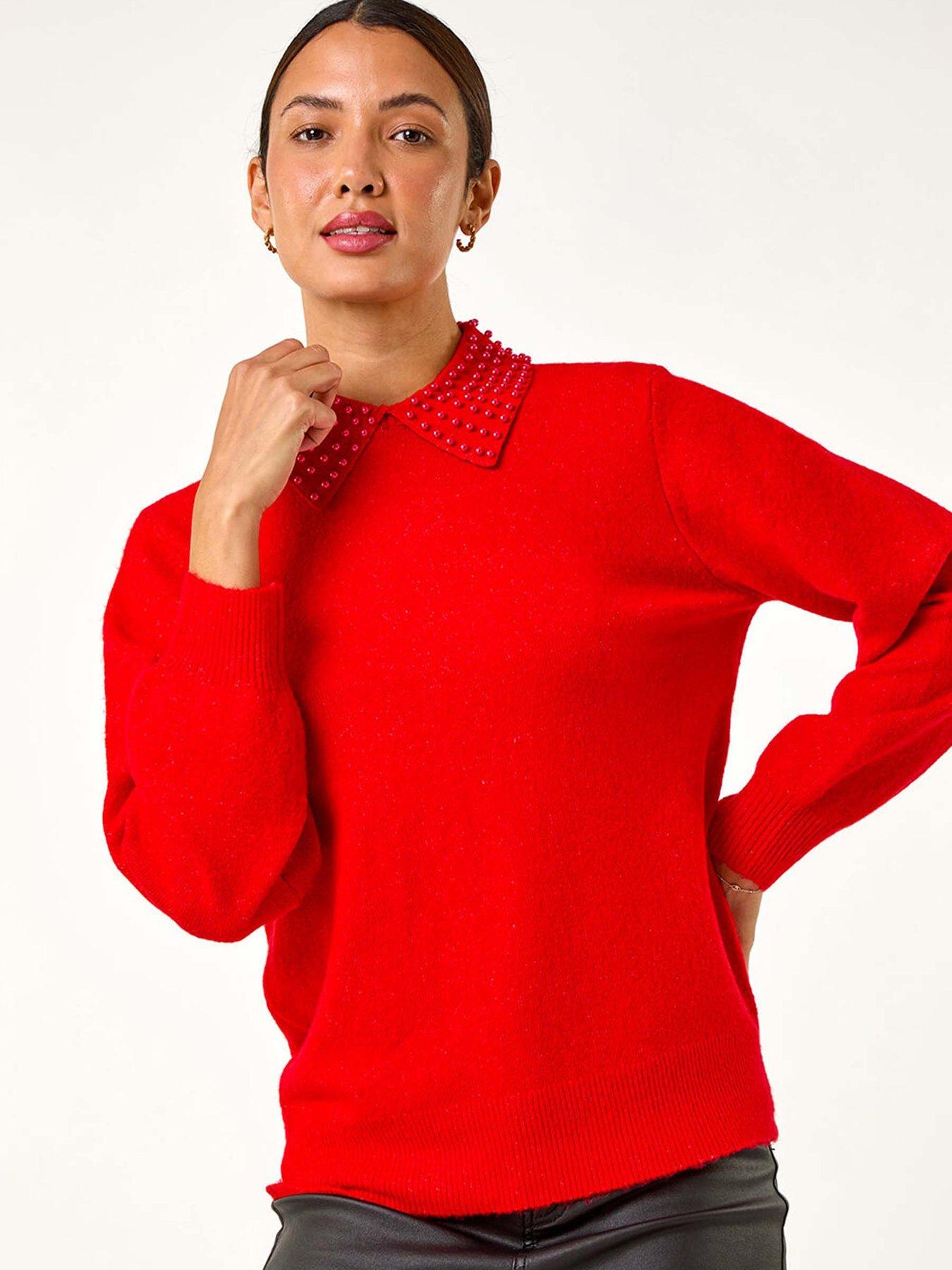 Roman Faux Pearl Collar Jumper - Red