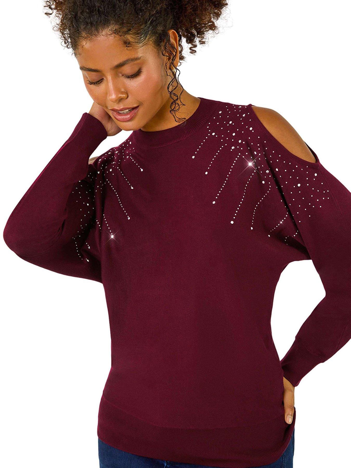 Image 1 of 5 of Roman Embellished Cold Shoulder Knit Jumper - Wine