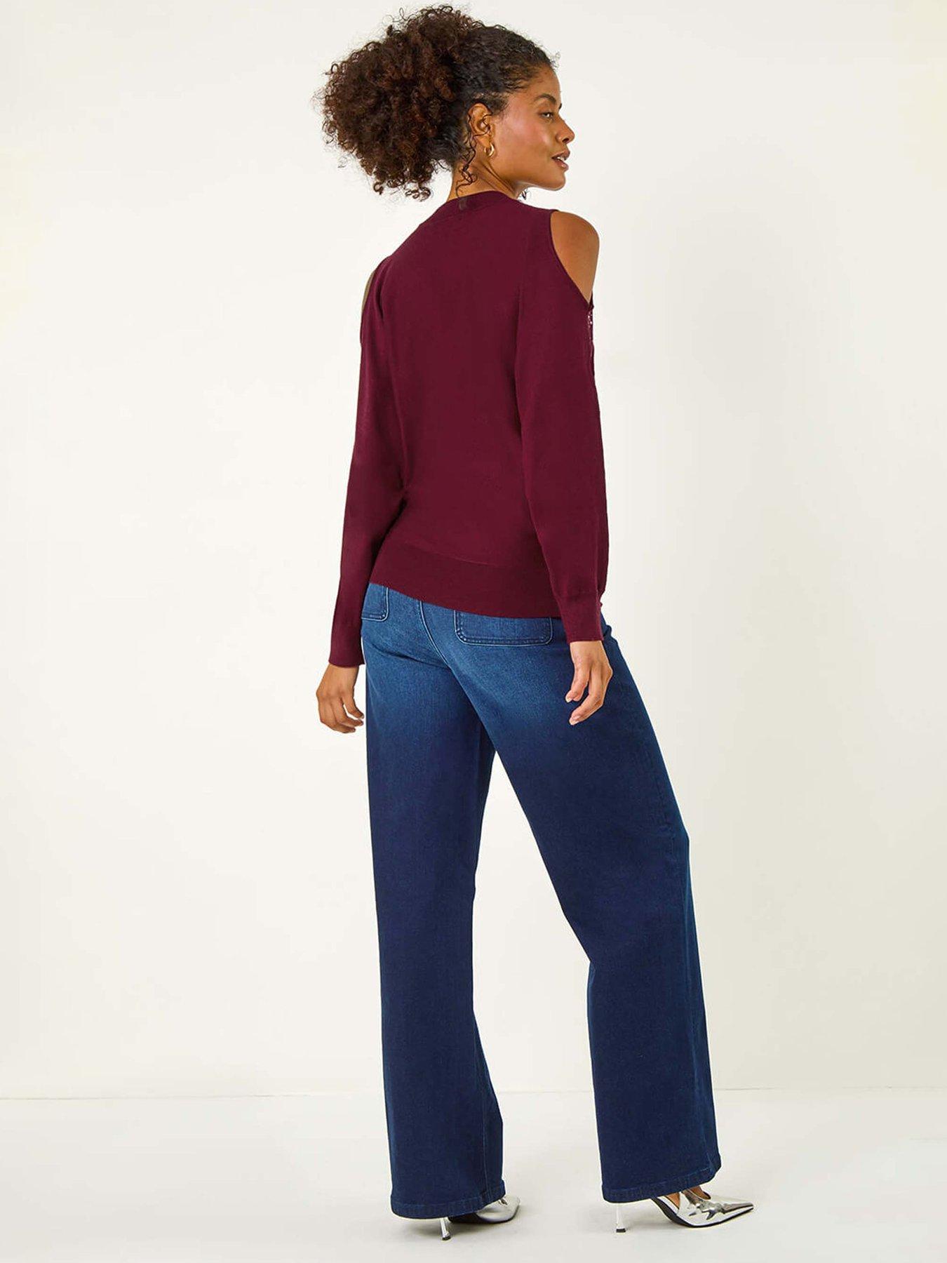 Image 2 of 5 of Roman Embellished Cold Shoulder Knit Jumper - Wine