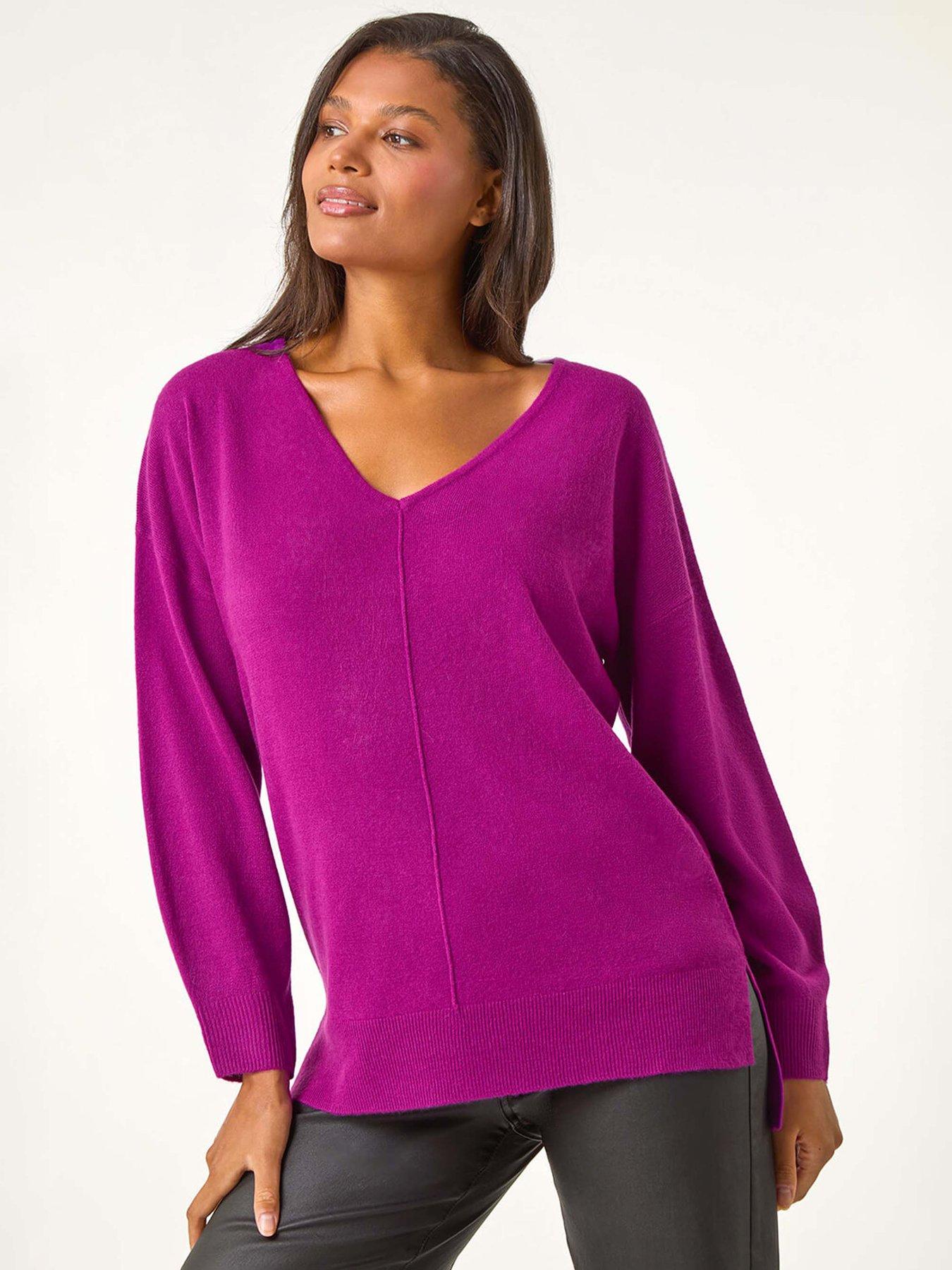Roman Soft V-neck Side Split Knit Sweater - Plum