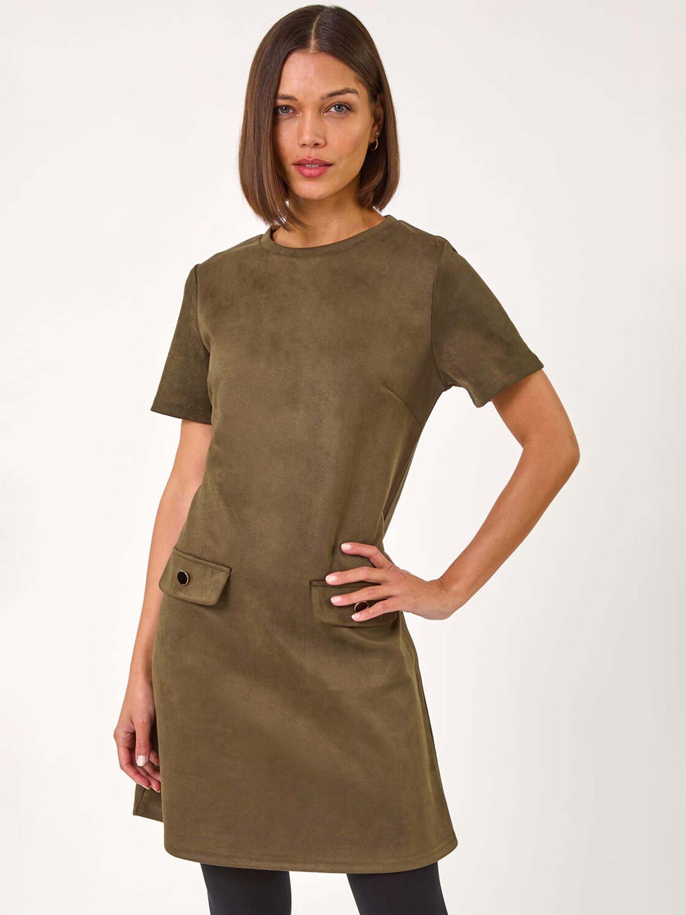 Roman Suedette Button Shift Stretch Dress - Khaki