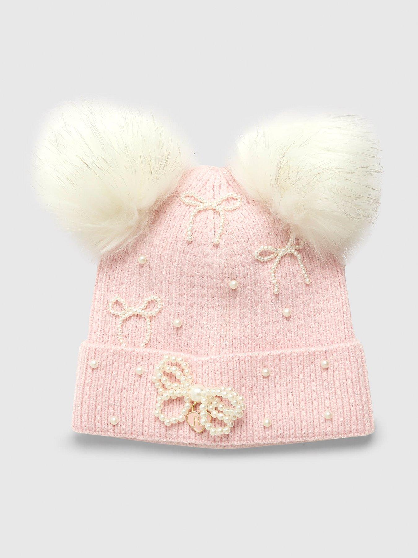 River Island Older Girls Pearl Bow Beanie - Pink