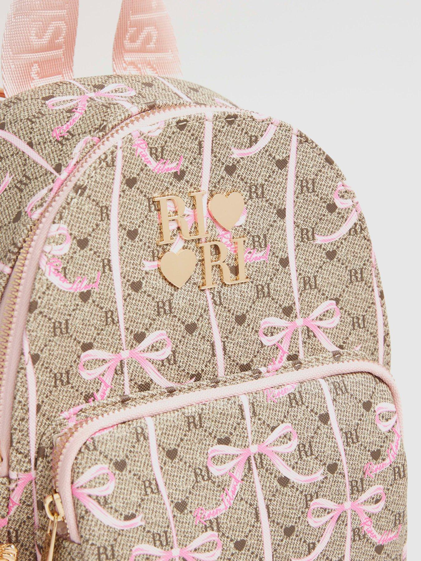 Image 4 of 5 of River Island Older Girls Monogram Bow Backpack - Brown