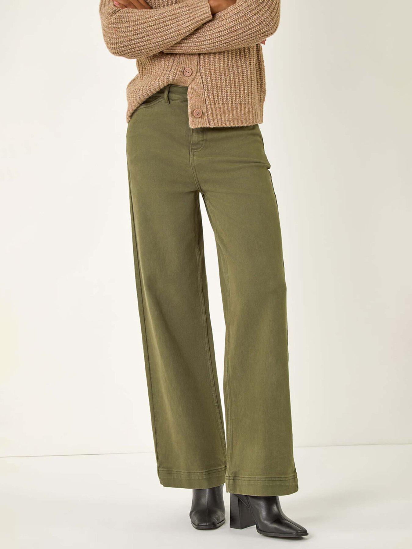 Roman Cotton Blend Wide Leg Stretch Jeans - Khaki