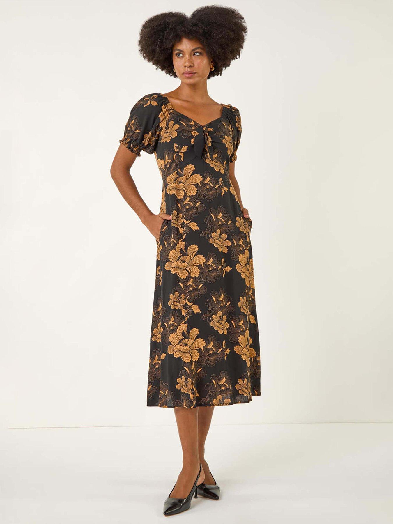 Roman Floral Print Ruched Midi Dress - Amber