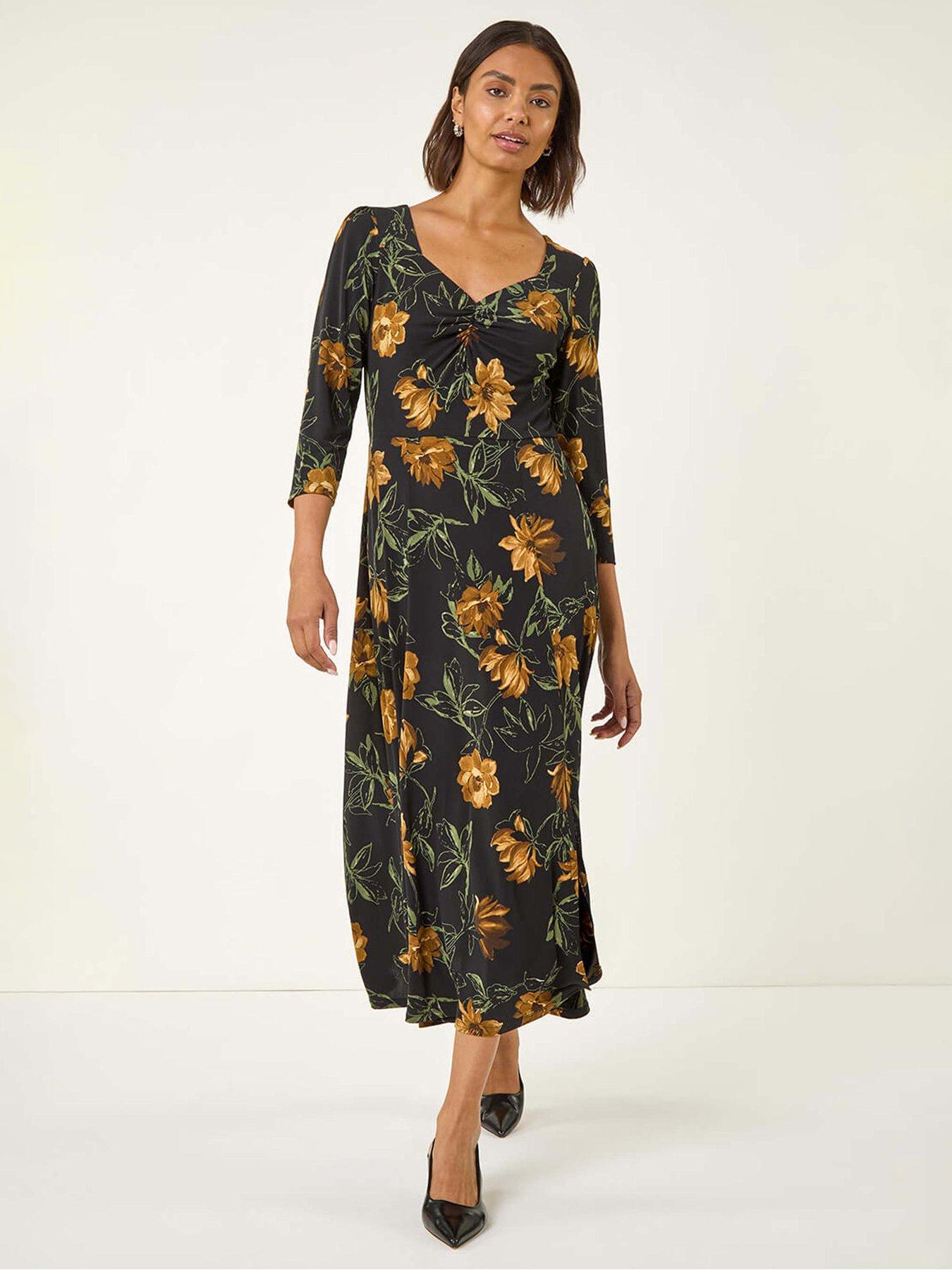 undefined Floral Print Ruched Stretch Midi Dress - Yellow