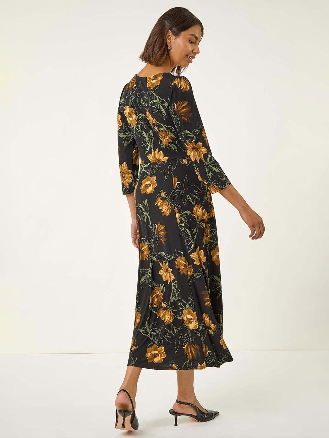 Image 2 of 5 of Roman Floral Print Ruched Stretch Midi Dress - Yellow